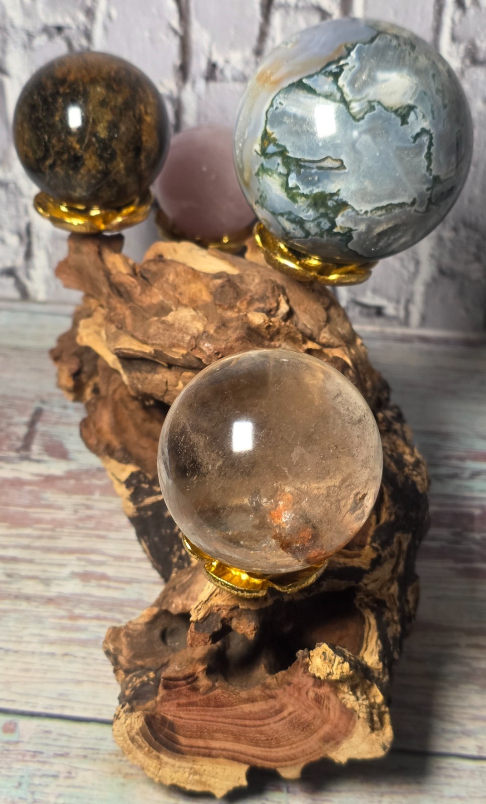 4 Crystal Sphere Display Set Moss Agate Bronzite Rose Quartz Quartz Wood Stand