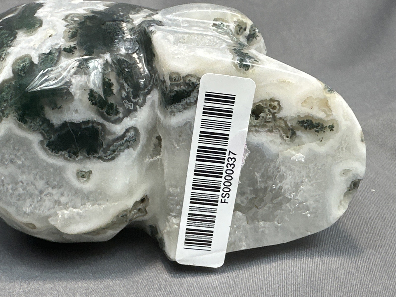 Green Moss Agate Geode Crystal Skull 4.5” Carving With Natural Druzy Pocket 1.15