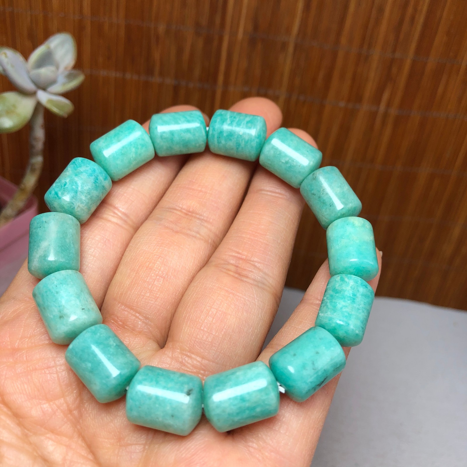 Natural amazon stone Bracelet Brown Gemstone Stretch Bucket bead Handmade A3700