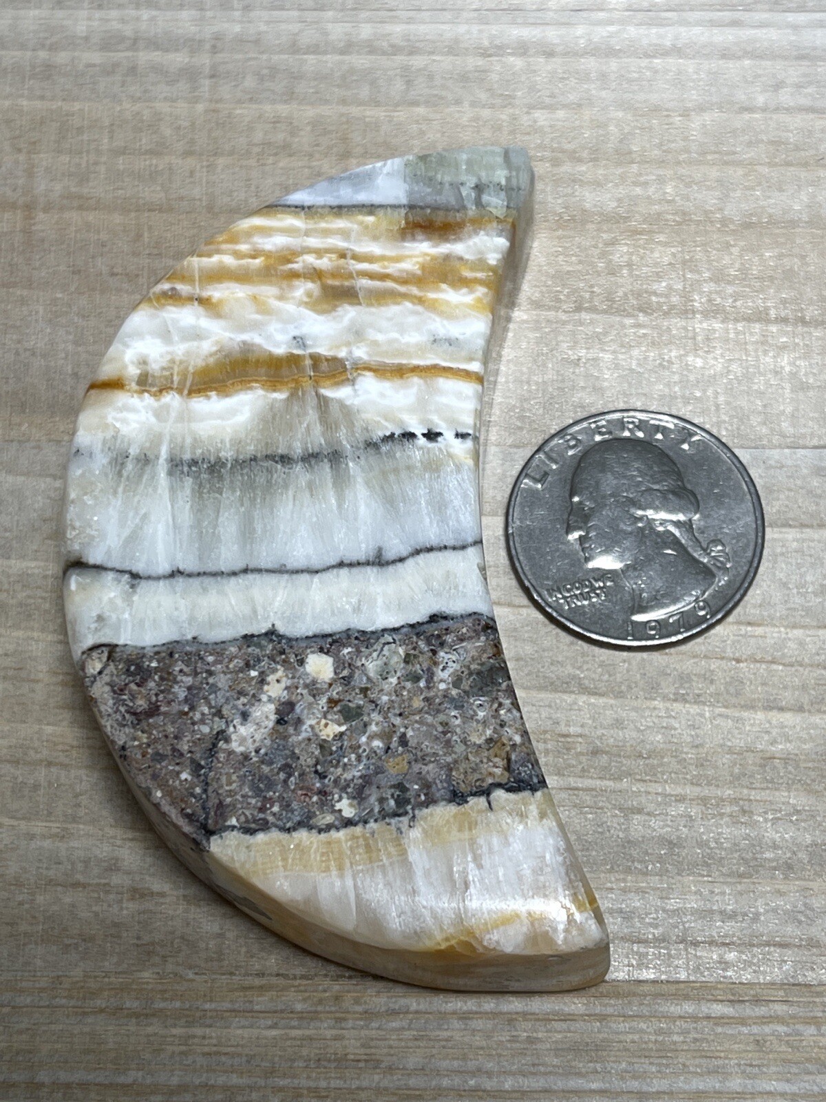 BANDED ONYX MOON – Mineral Calcite Carving Lunar Crystal Witch Stone Brown White