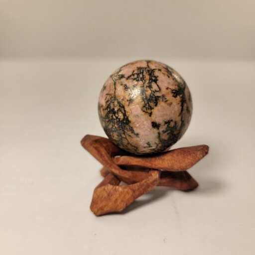 Rhodonite Sphere Polished Rock Pink Gemstone With Wooden Tripod Stand