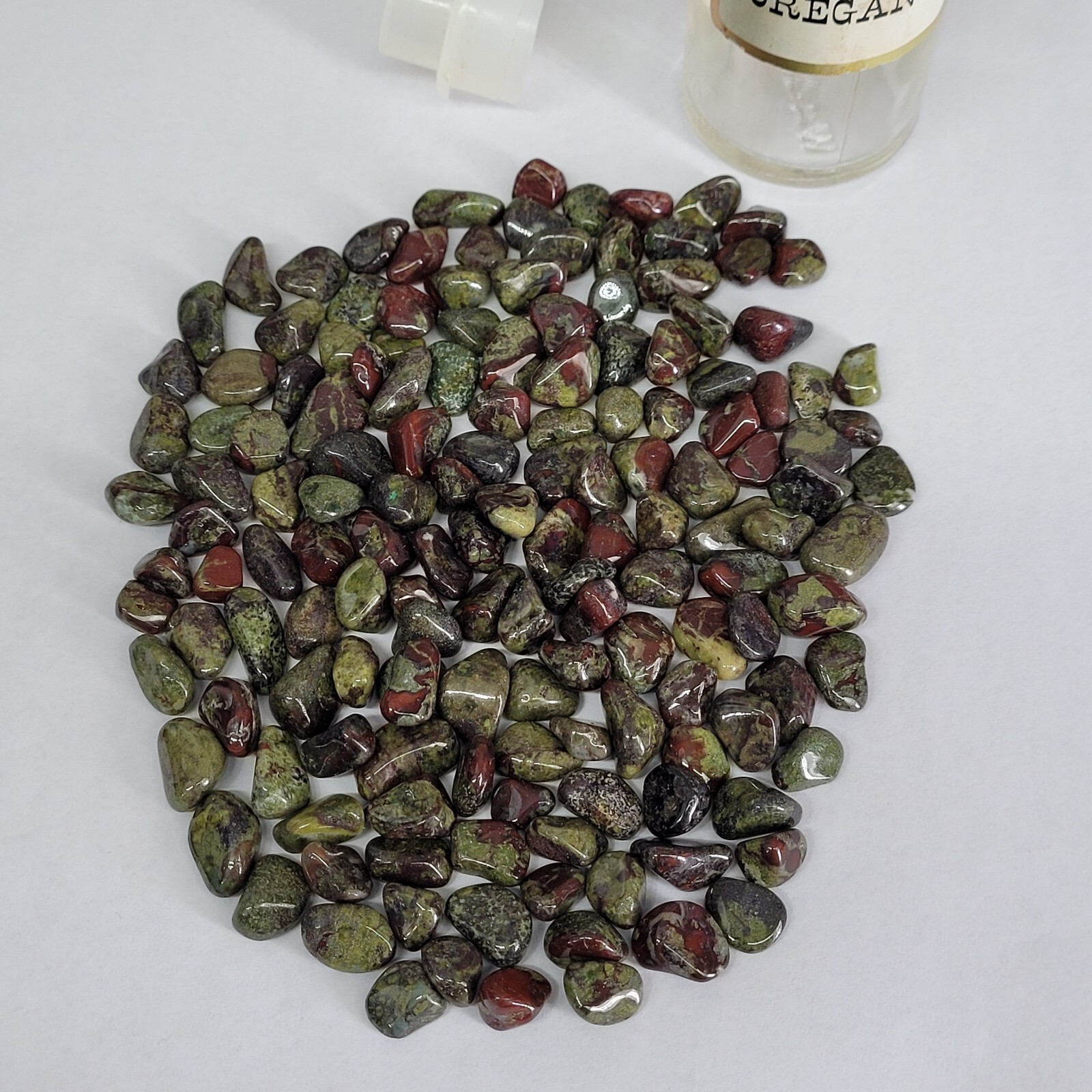 Dragon Blood Jasper 1/4lb Stone Tumbles in Vintage Apothecary Glass Jar Wagner