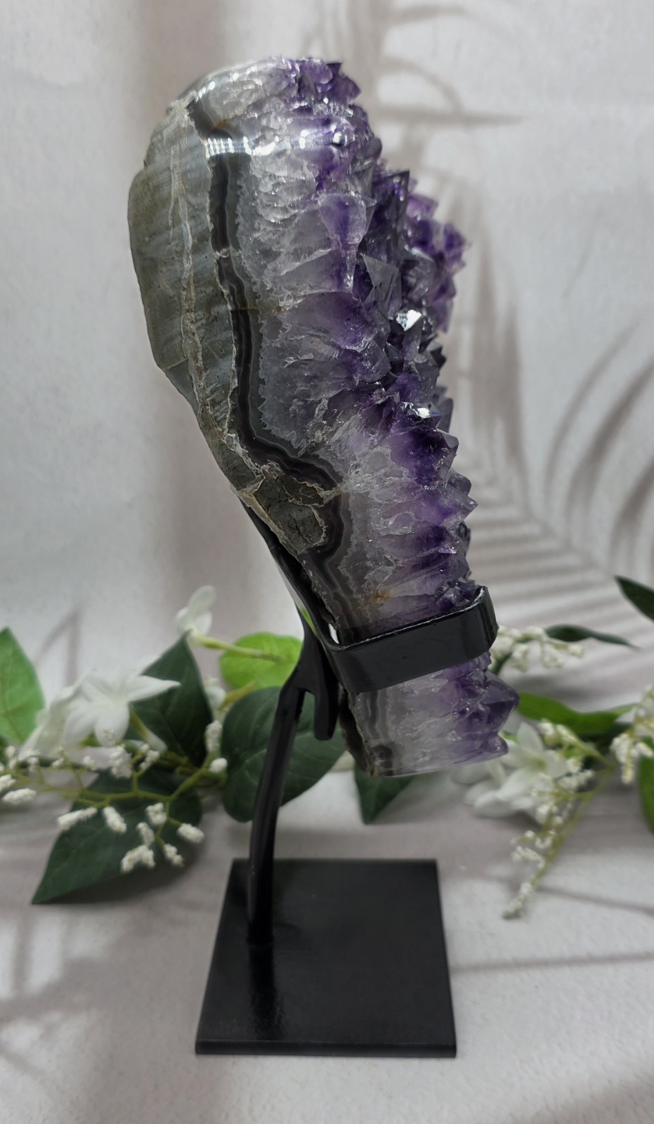 Large Uruguay Amethyst on Black Metal Stand Natural Purple Crystal Display