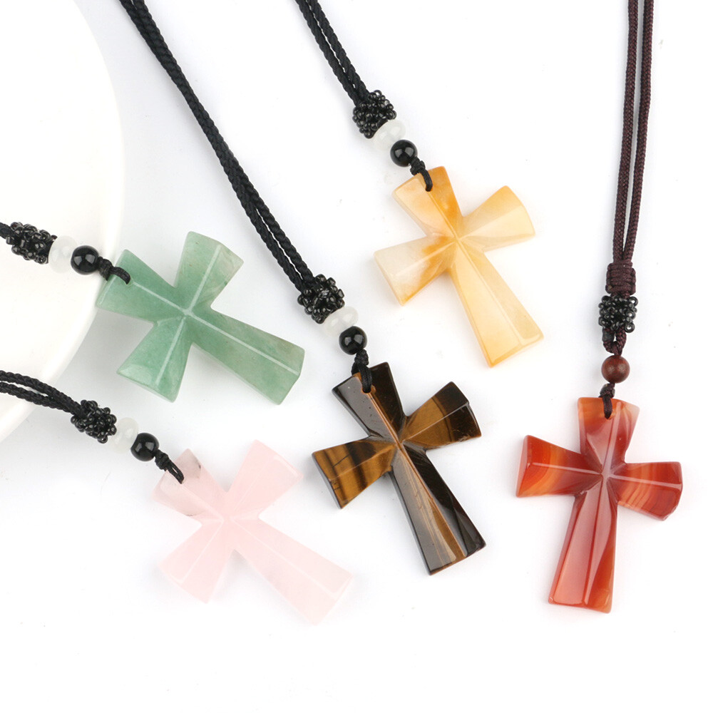 Natural Chakra Cross Quartz Crystal Stone Healing Gemstone Pendant Necklace Gift