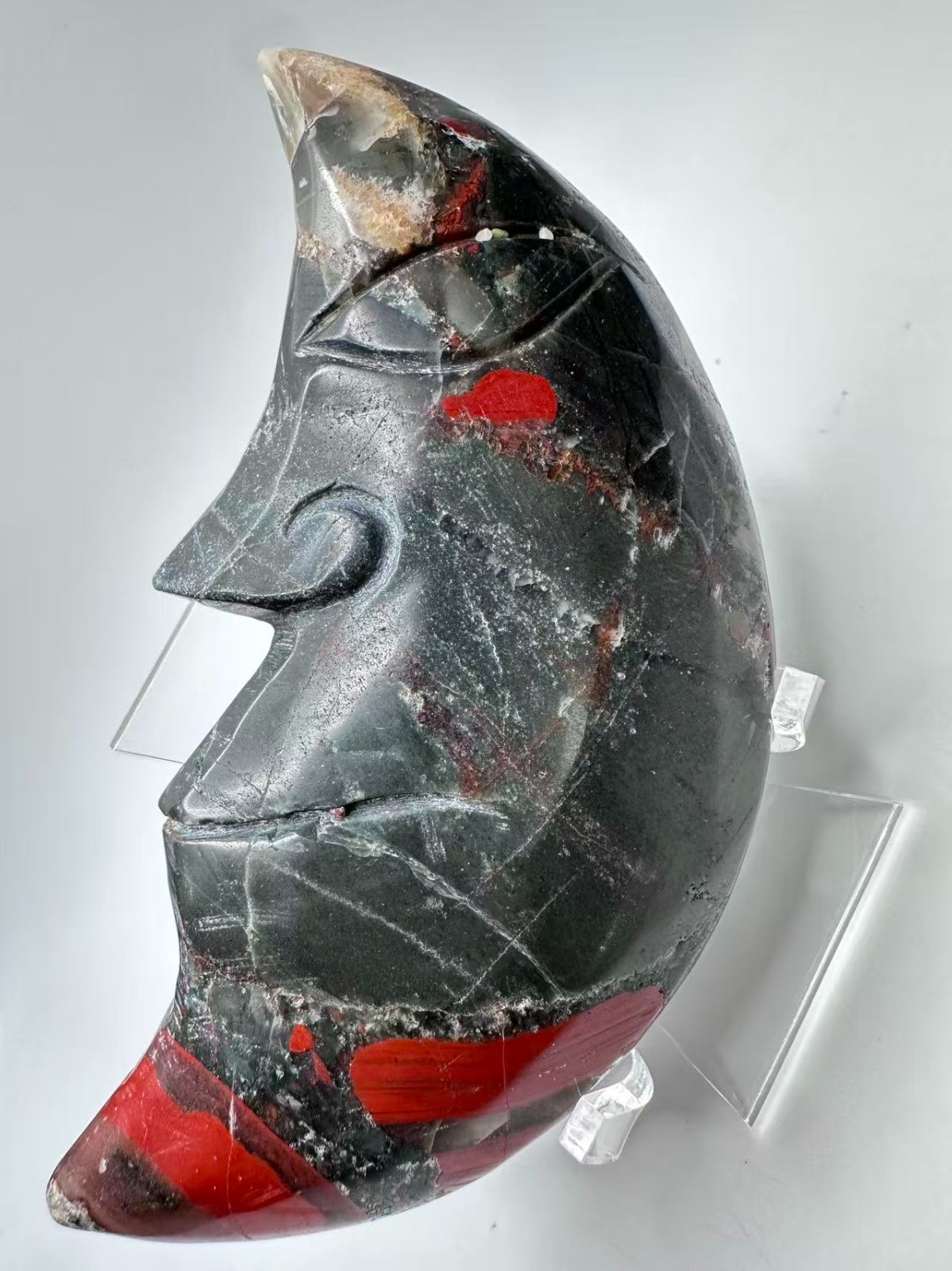 Large Natural Bloodstone Heliotrope Crystal Moon Face Carving 5″x2.75″ polished