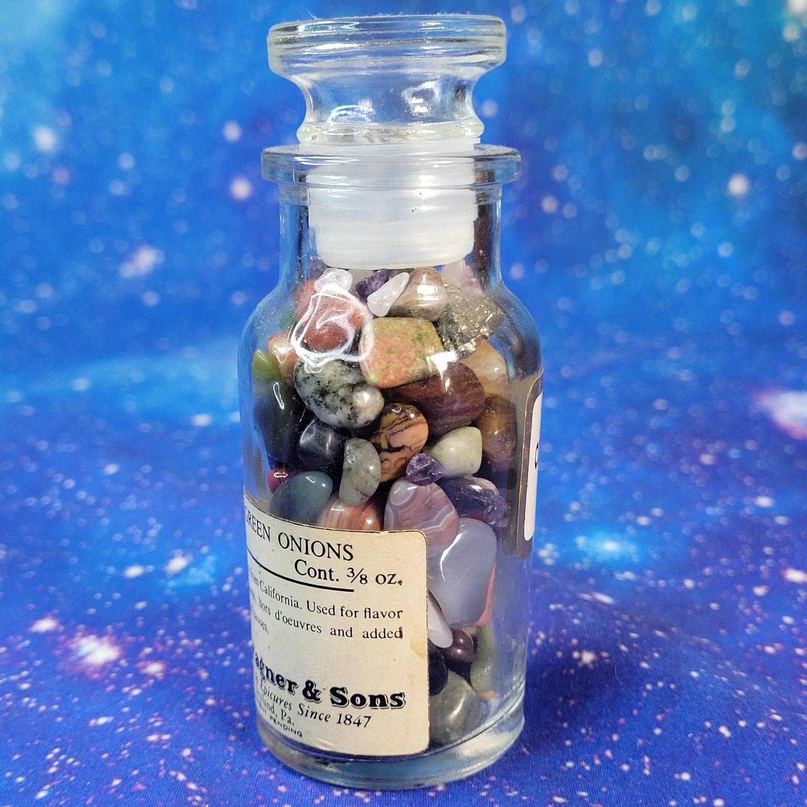 1/4 lb Mixed Crystals in Vintage Apothecary Glass Jar Wagner Spice Tumbles/Chips