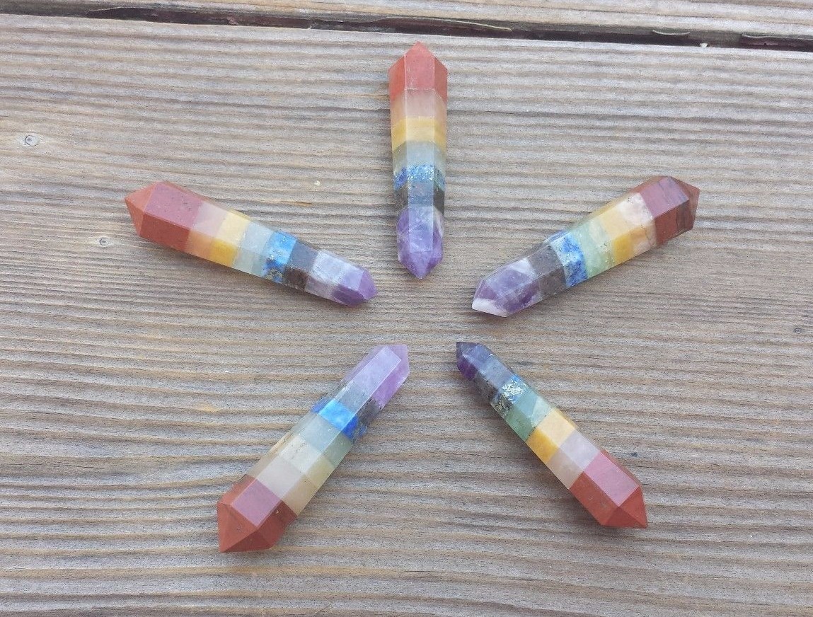 NATURAL 7 CHAKRA BONDED DOUBLE TERMINATED GEMSTONE CRYSTAL PENCIL POINT (ONE)