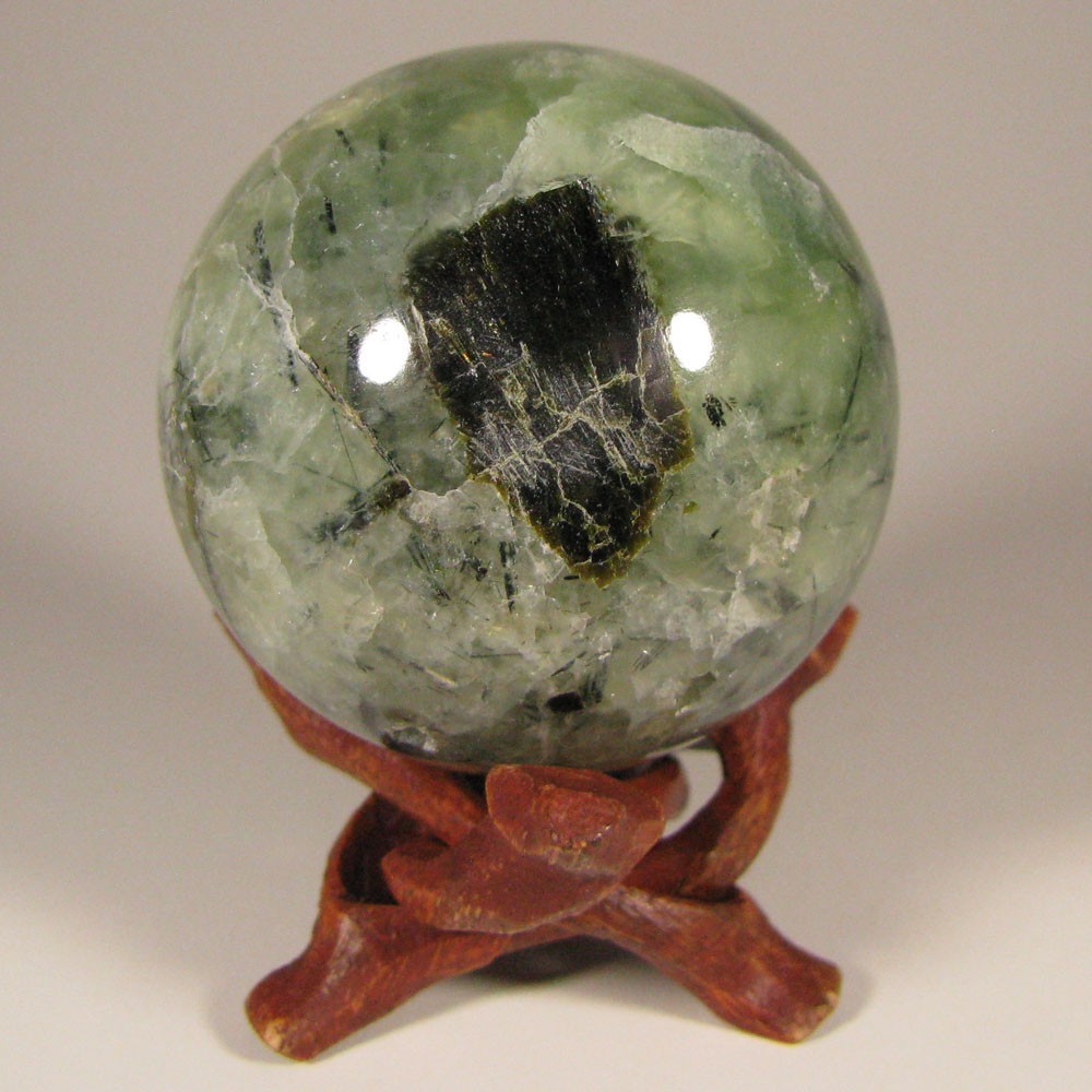 2.1″ Green PREHNITE w/ TOURMALINE, EPIDOTE Sphere w/ Stand – Australia – 53mm