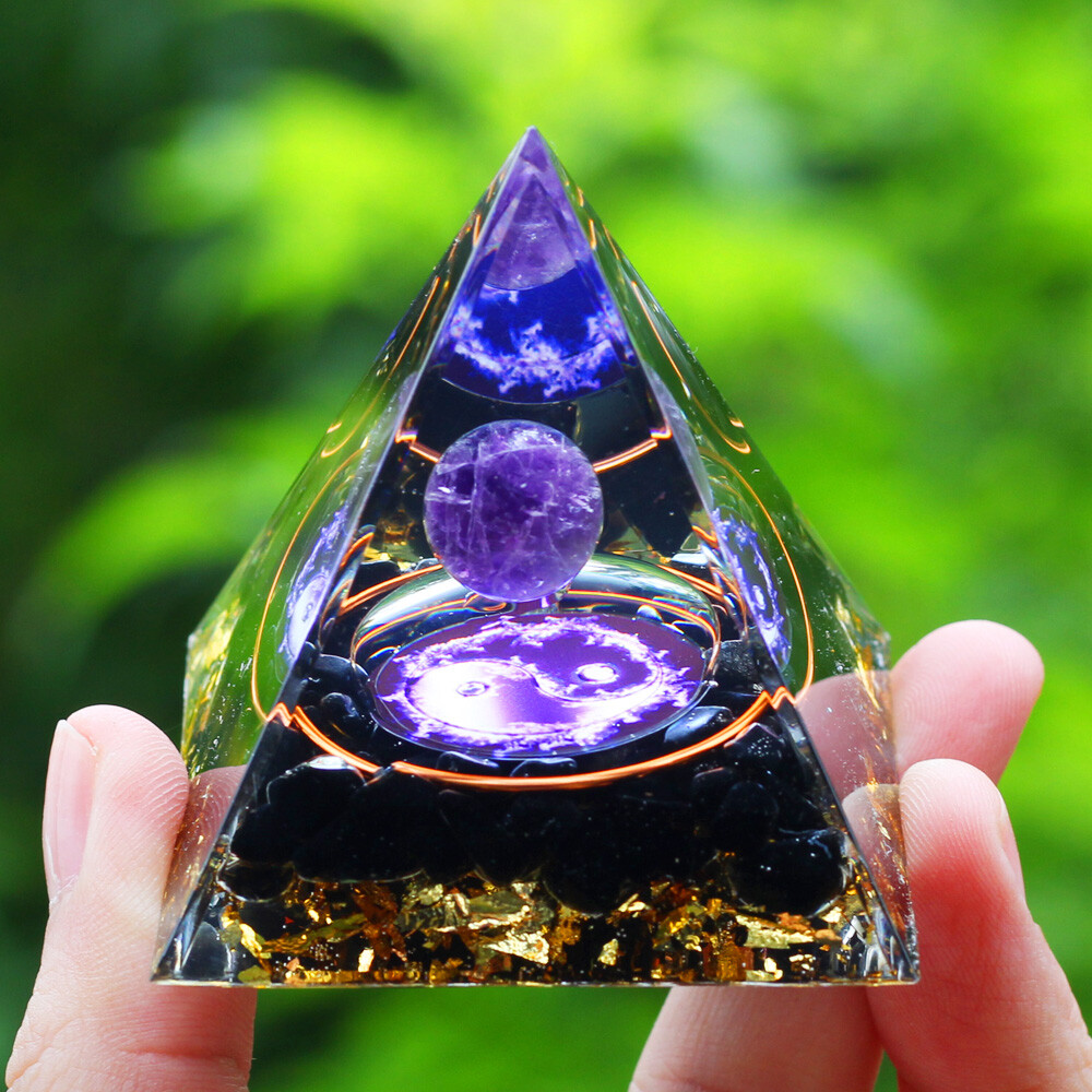 Orgone Amethyst Stone Crystal Protection Pyramid & Quartz Energy Good Luck Charm