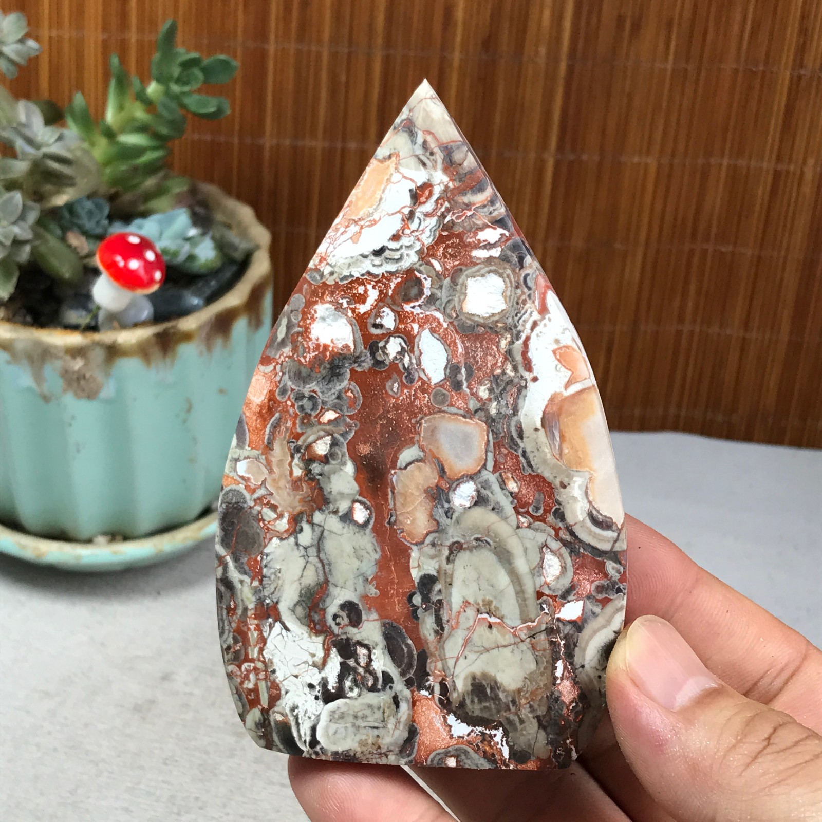 Natural money Mexico agate hand carve leaf Crystal Specimen free standing A6260