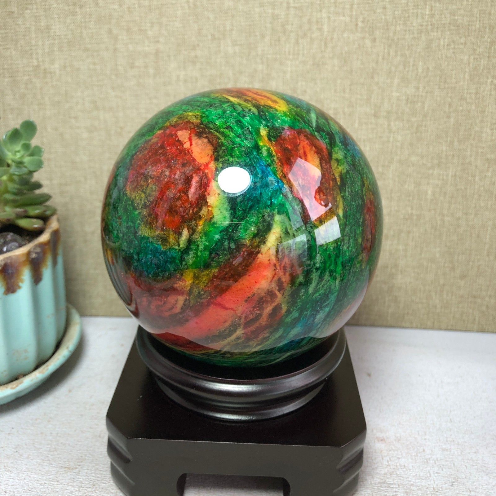 Natural “Seven Colors Jade” sphere flat bottom specimen Taiwan China 99mm A4579