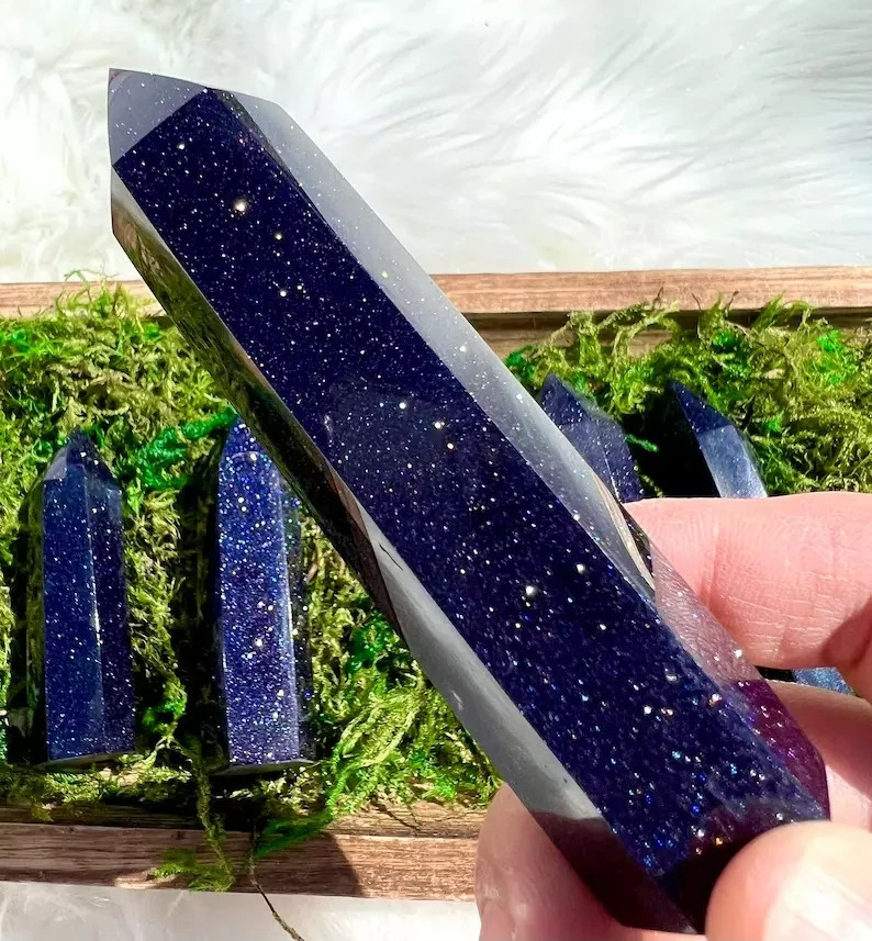 Blue Goldstone Healing Crystal Tower Point Reiki Obelisk Metaphysical Decor Gift