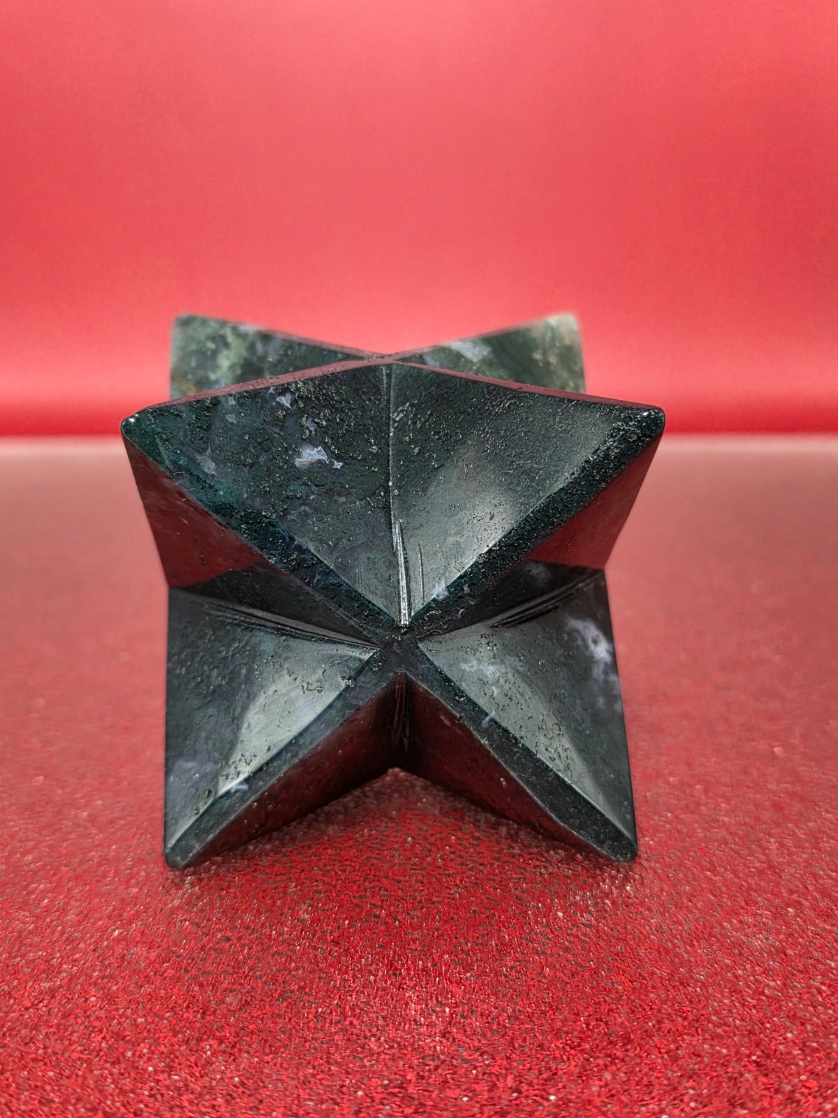 360g Moss Agate 8 Point Merkaba Star Carving Crystal Sacred Geometry Healing