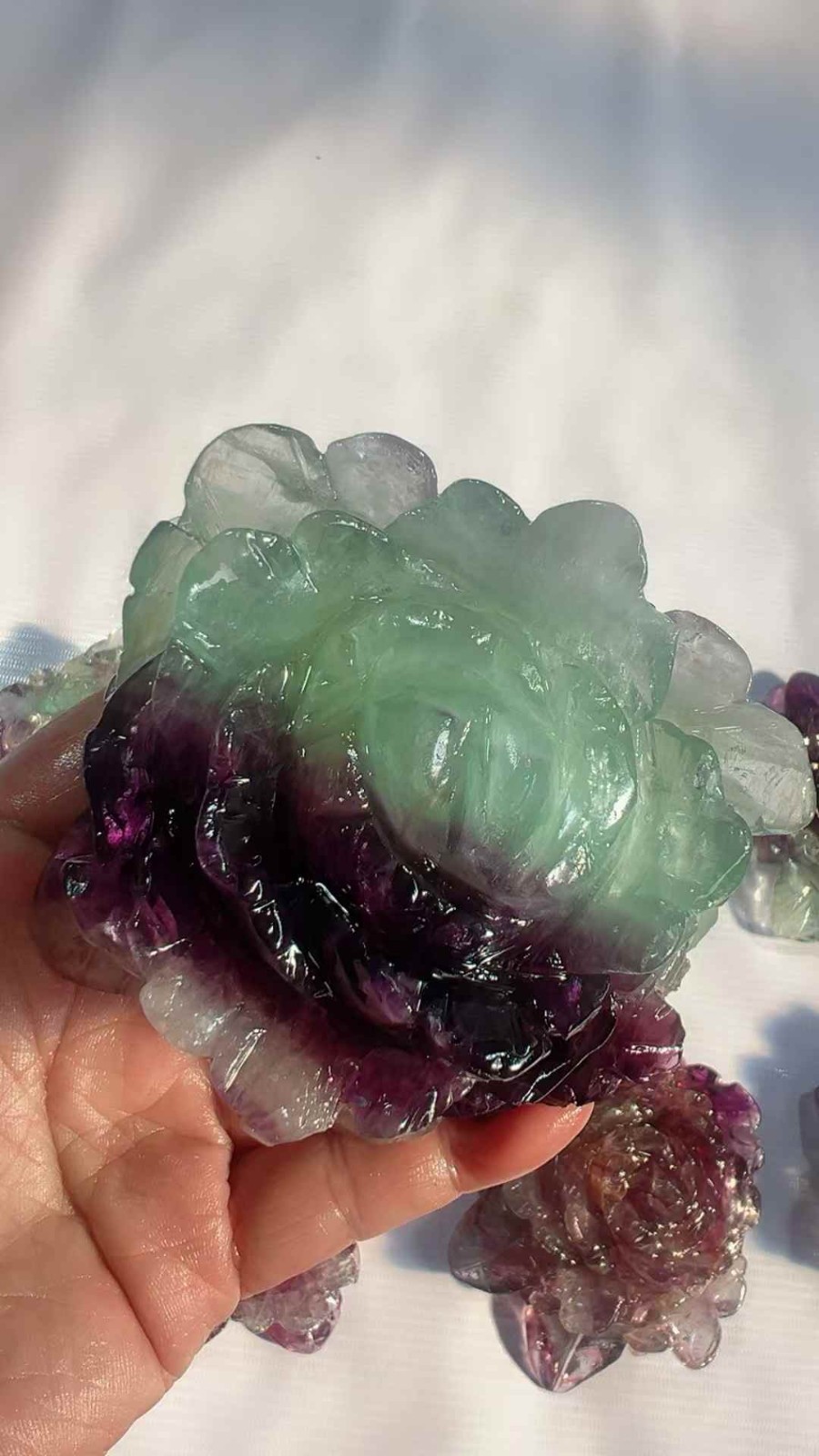 1PC Natural Color Fluorite Quartz Carved Peony Flower Skull Crystal Reiki gift