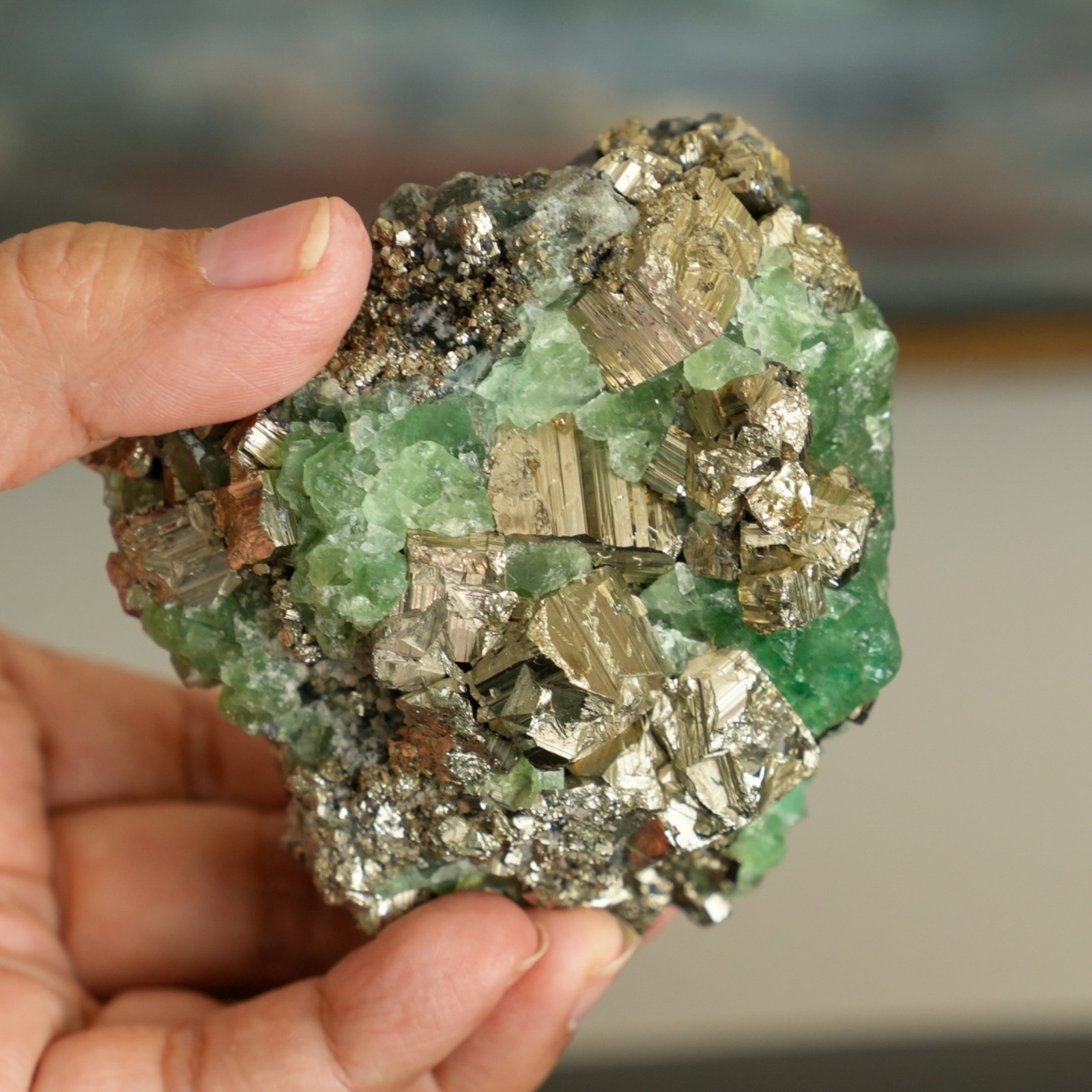 Rare Peruvian Green Fluorite with Golden Pyrite Cubes – Huanzala, Peru, 1.299 lb