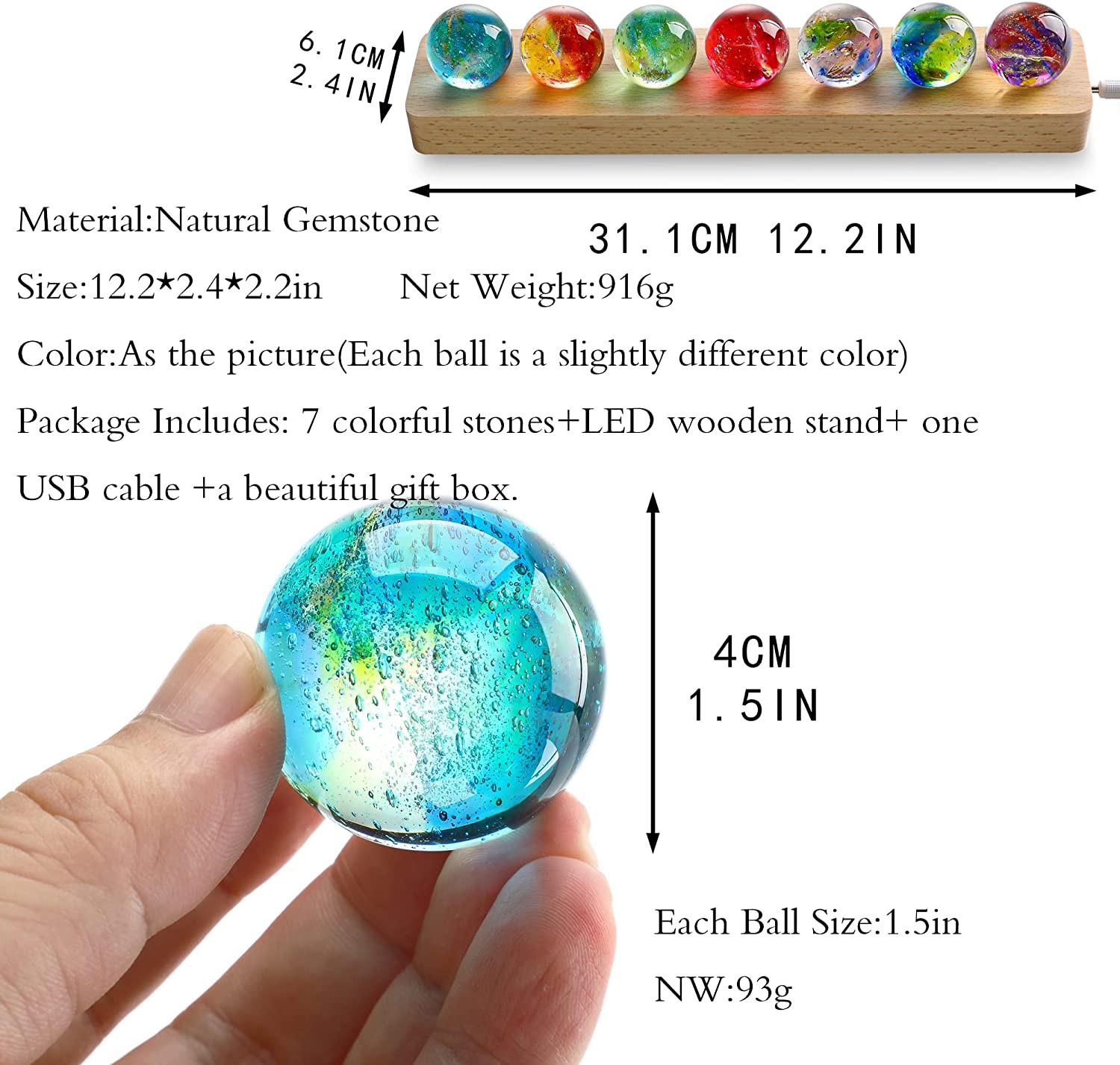 7 Chakra Natural Healing Spheres with LED Wooden Stand 40Mm Crystal Quartz Stone
