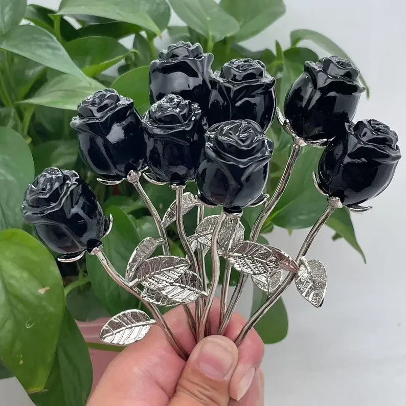 3PCS Genuine Black Obsidian Hand Carved Crystal Flower Healing Reiki Home Decor