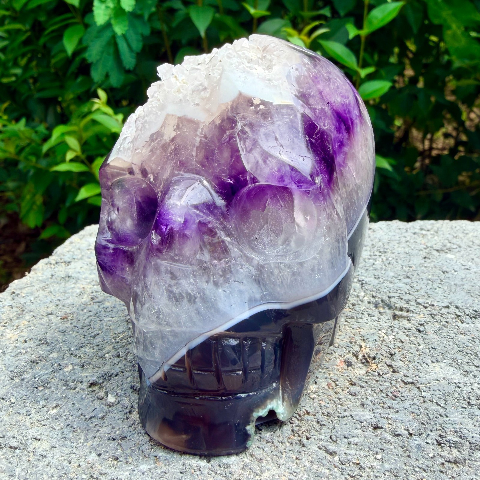 714g Amethyst agate crystal cave skull, Rare hand carved skull specimen