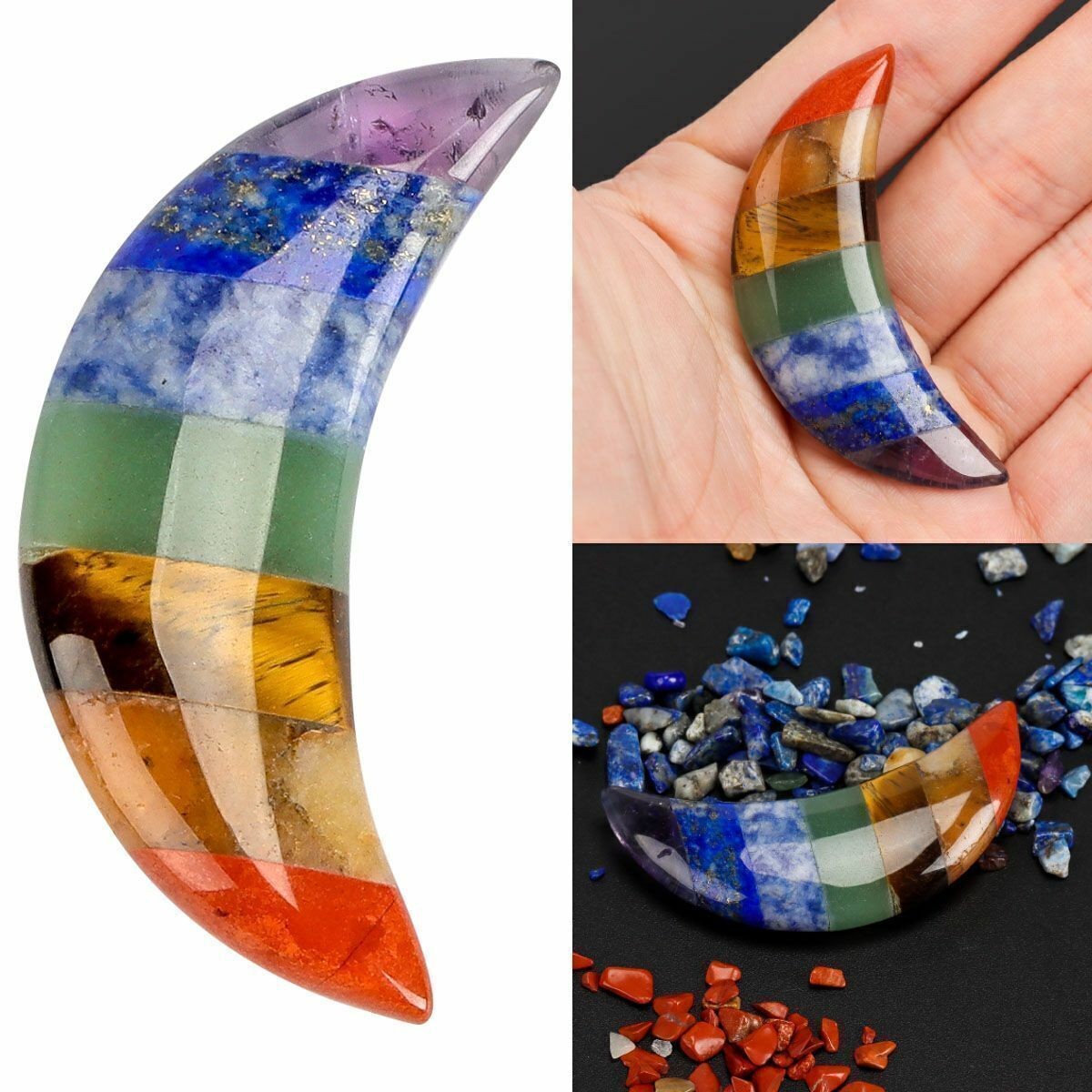 New Natural 7 Chakra Stone Quartz Moon Shape Worry Stone Healing Energy Reiki