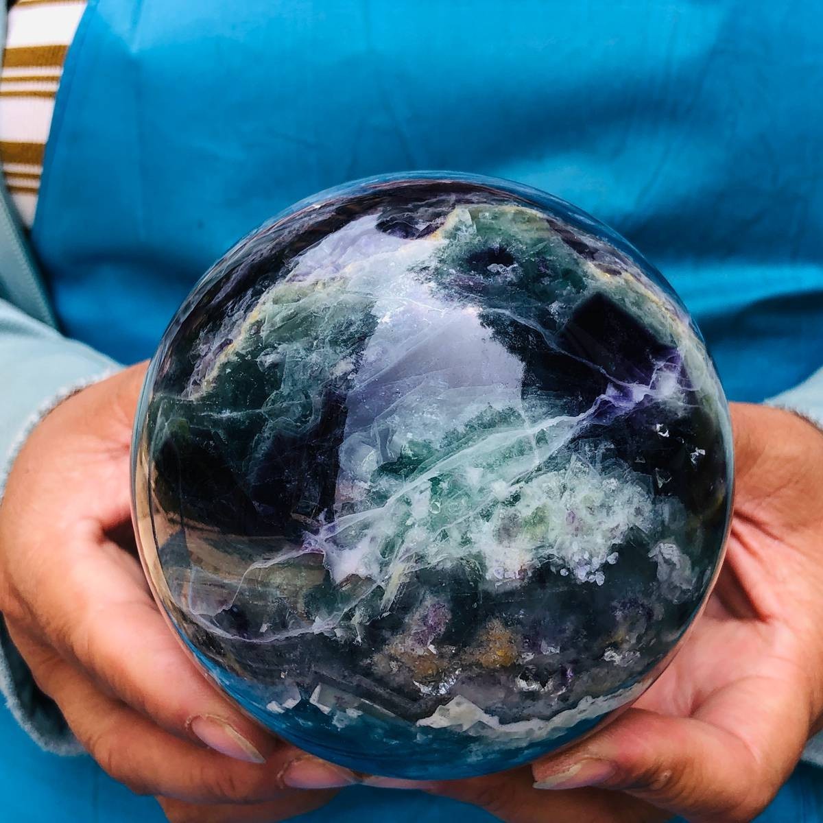 3.74LB Natural Crystal Rainbow Fluorite Sphere Display Ball Reiki Healing