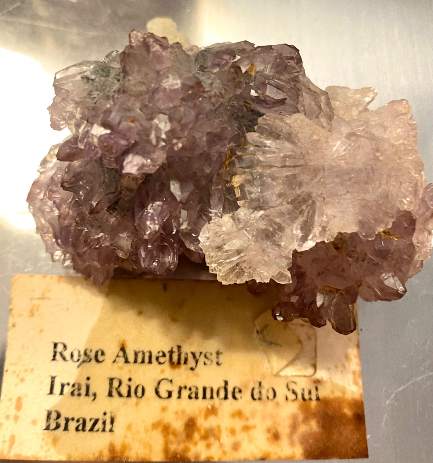 Rose Amethyst Quartz Cluster Irai Brazil Blue Green Mineral Vintage Label
