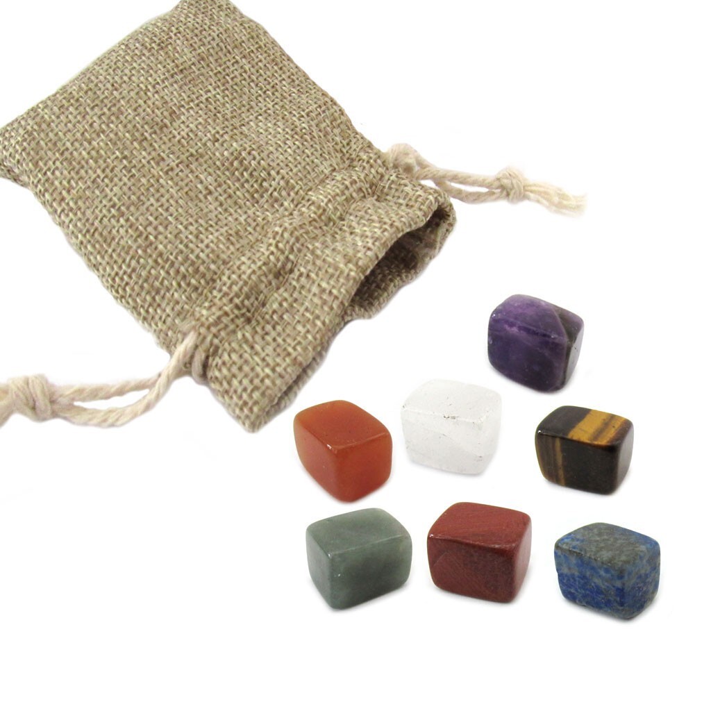 Mini Chakra Stone Set w/ Burlap Bag – 7 Polished Crystals w Info Card and Pouch