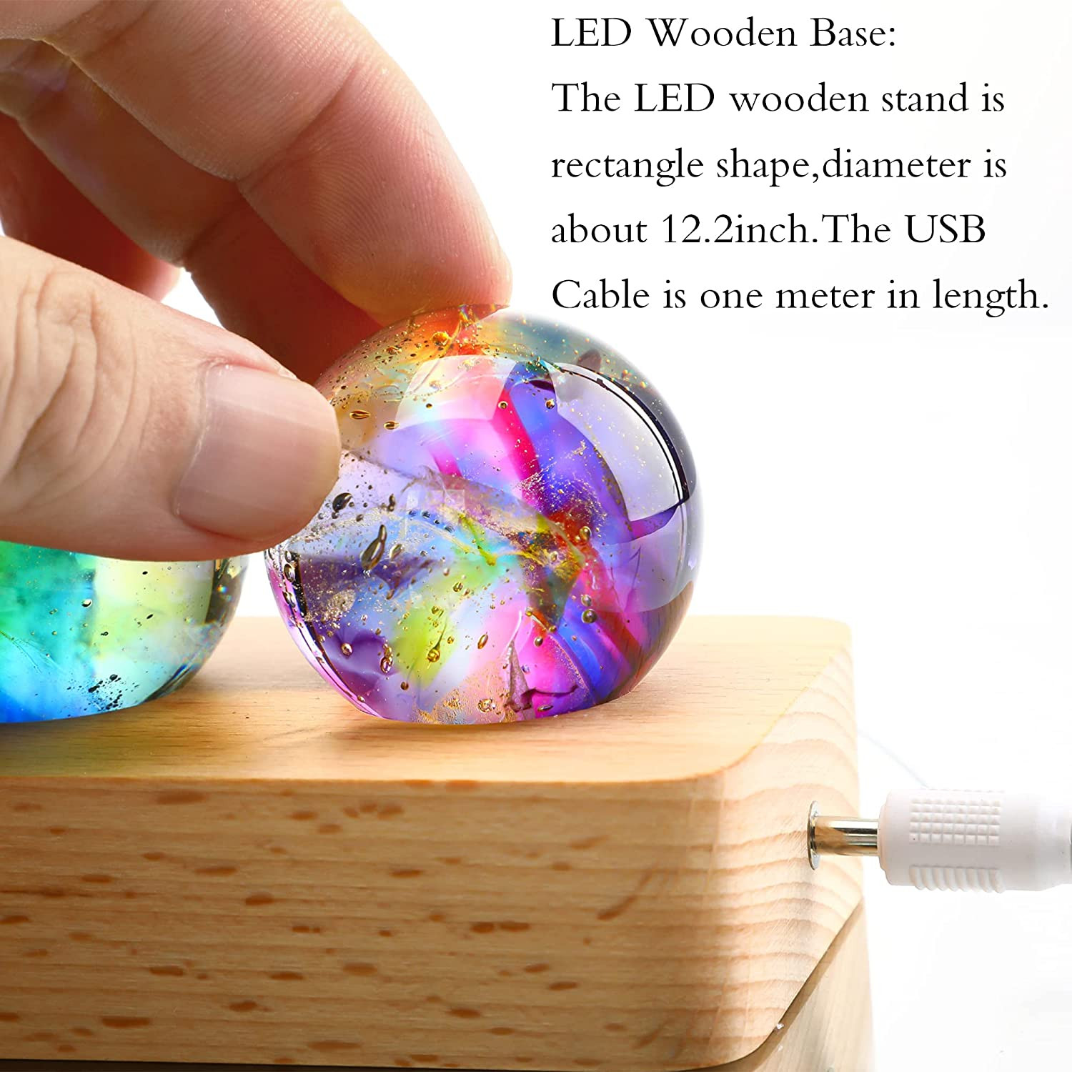 7 Chakra Natural Healing Spheres with LED Wooden Stand 40Mm Crystal Quartz Stone