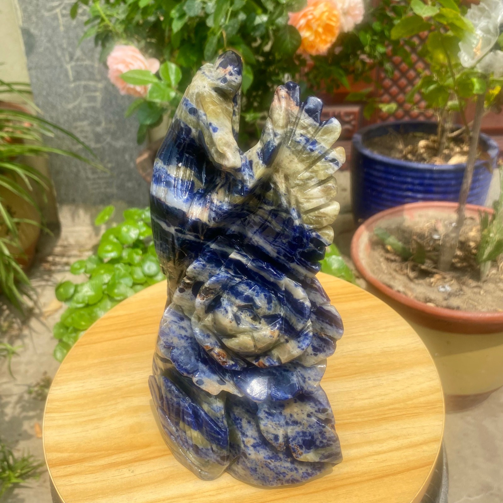6.61LB Natural Blue Vein Stone Phoenix Carving, Home Decoration