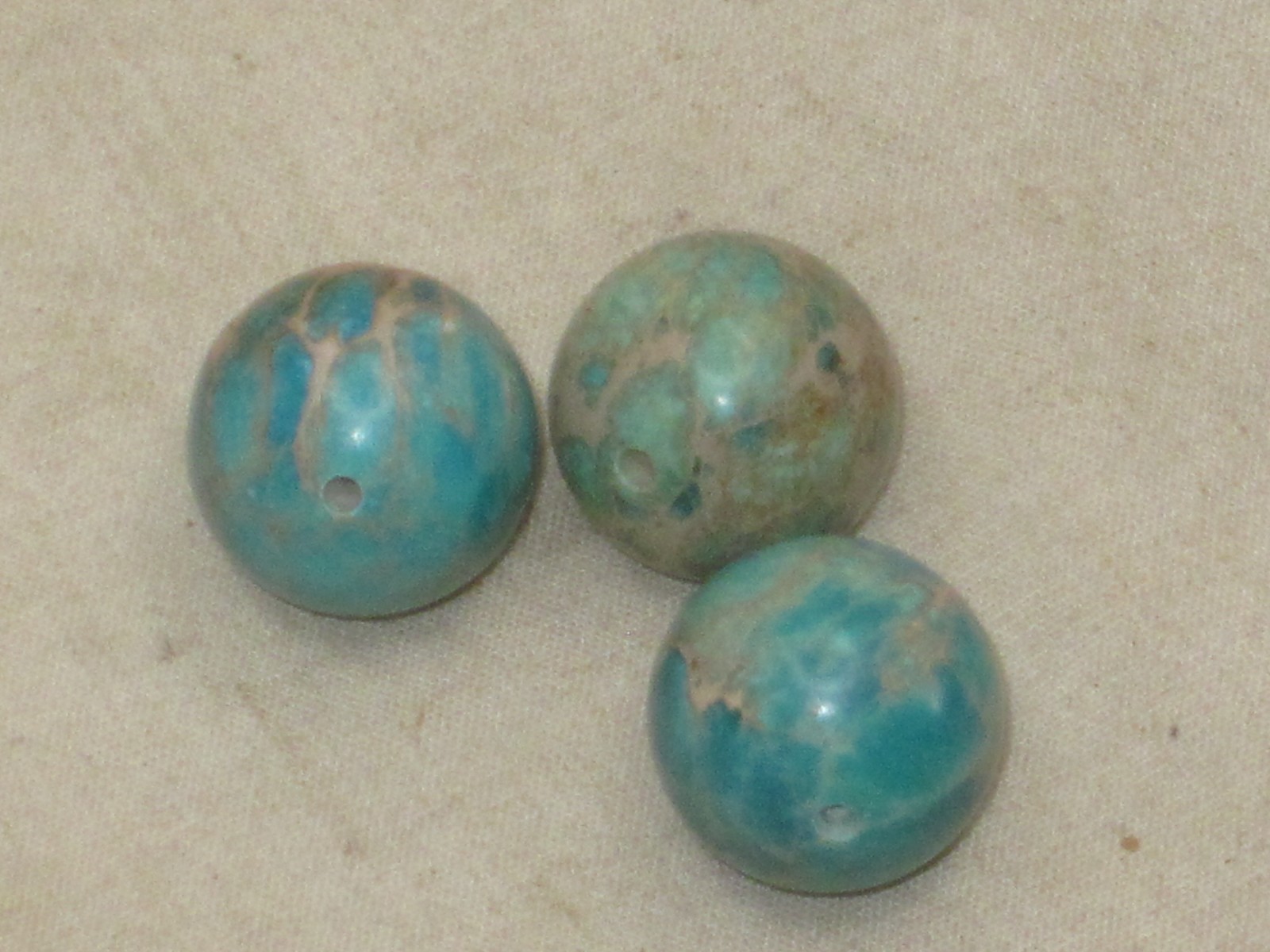 3 small polished turquoise ? spheres sphere orb marble balls ball w/ center hole