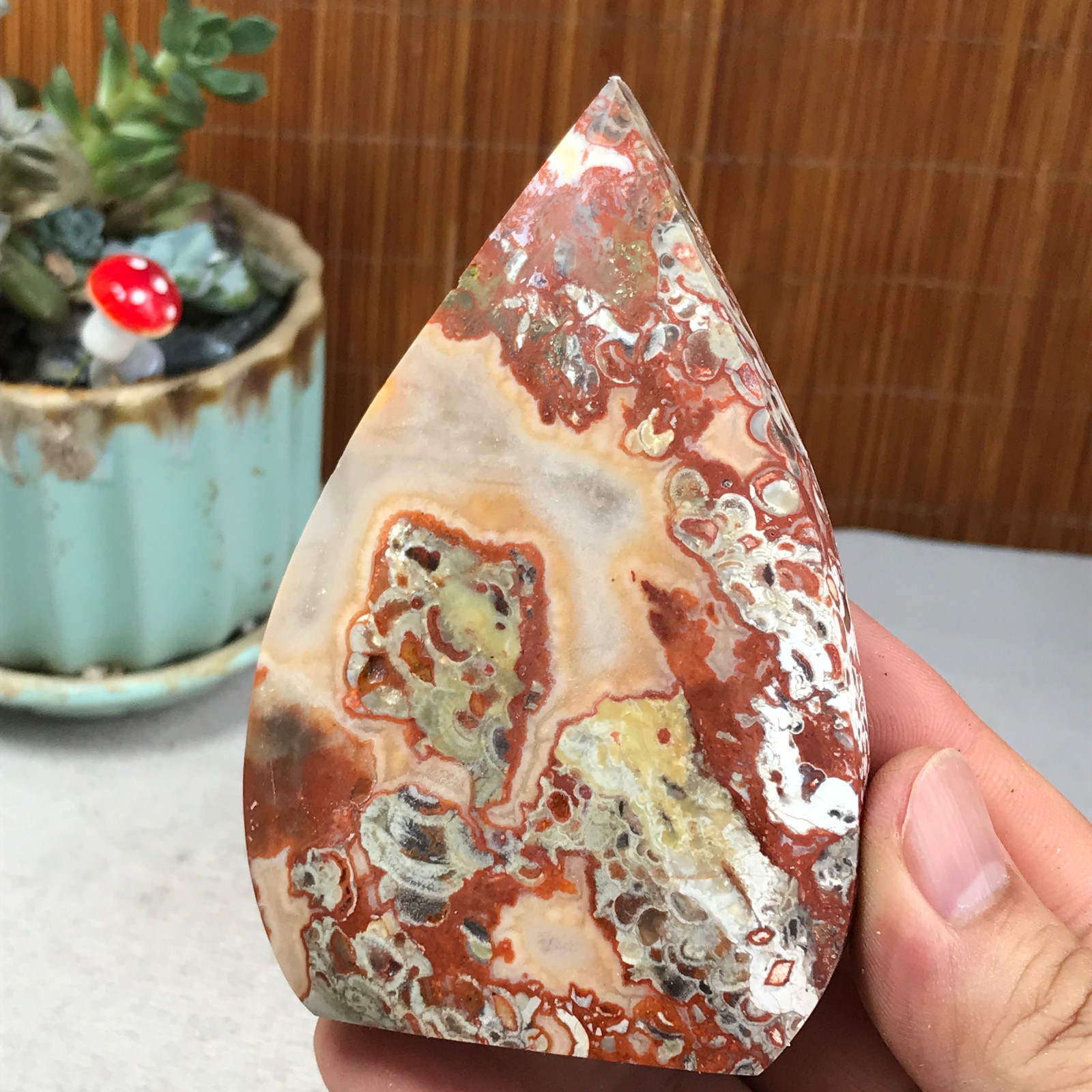 Natural money Mexico agate hand carve leaf Crystal Specimen free standing A6263