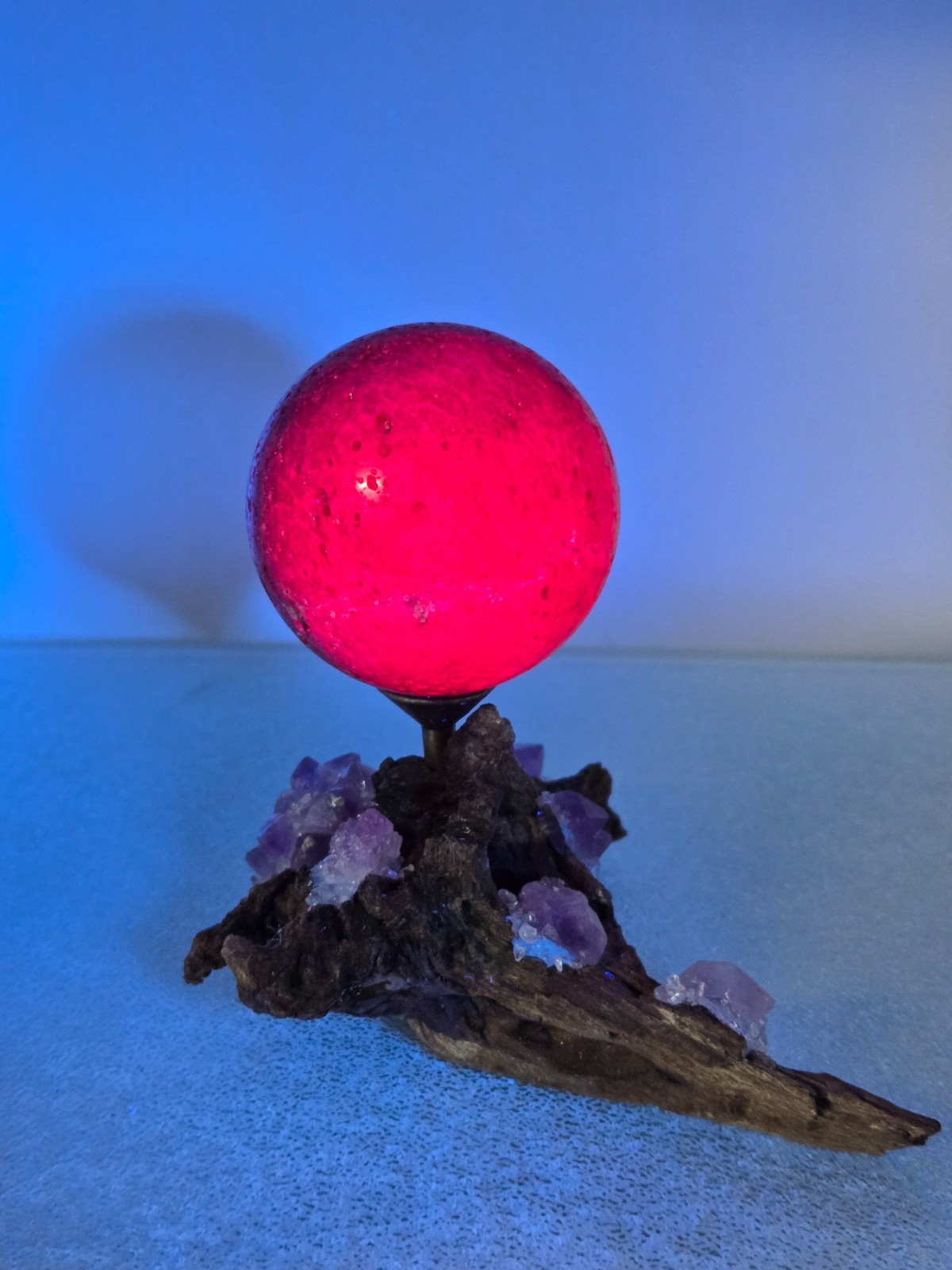 320G Pink UV Ruby Corundum Sphere Crystal Ball Reiki Healing With Wood Stand