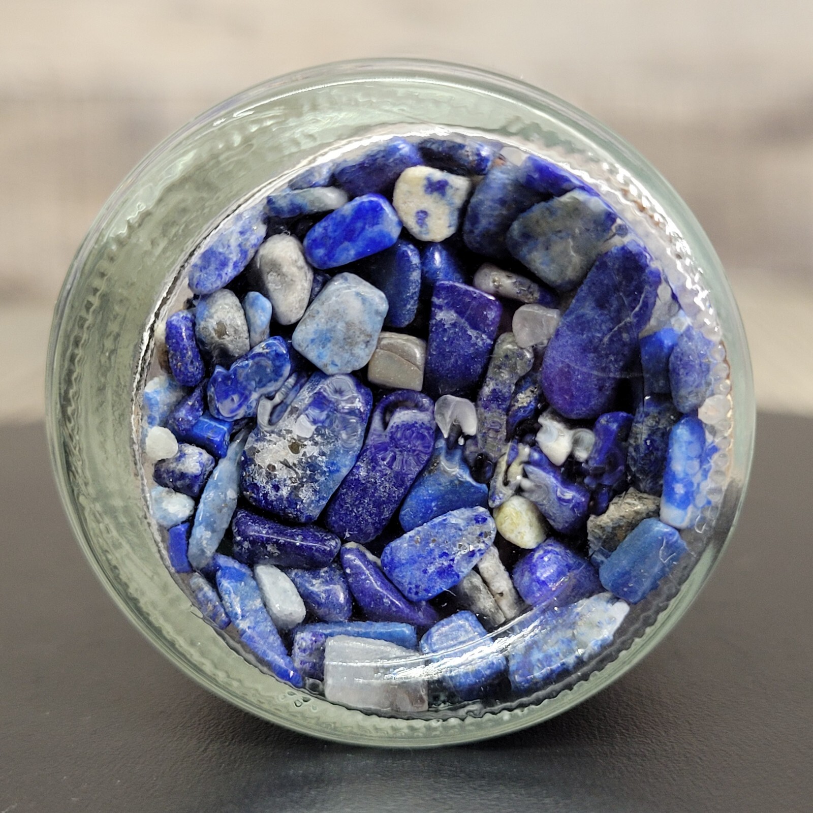 1/4lb Lapis Lazuli Crystal Tumbled Chips in Apothecary Vintage Glass Jar Wagner