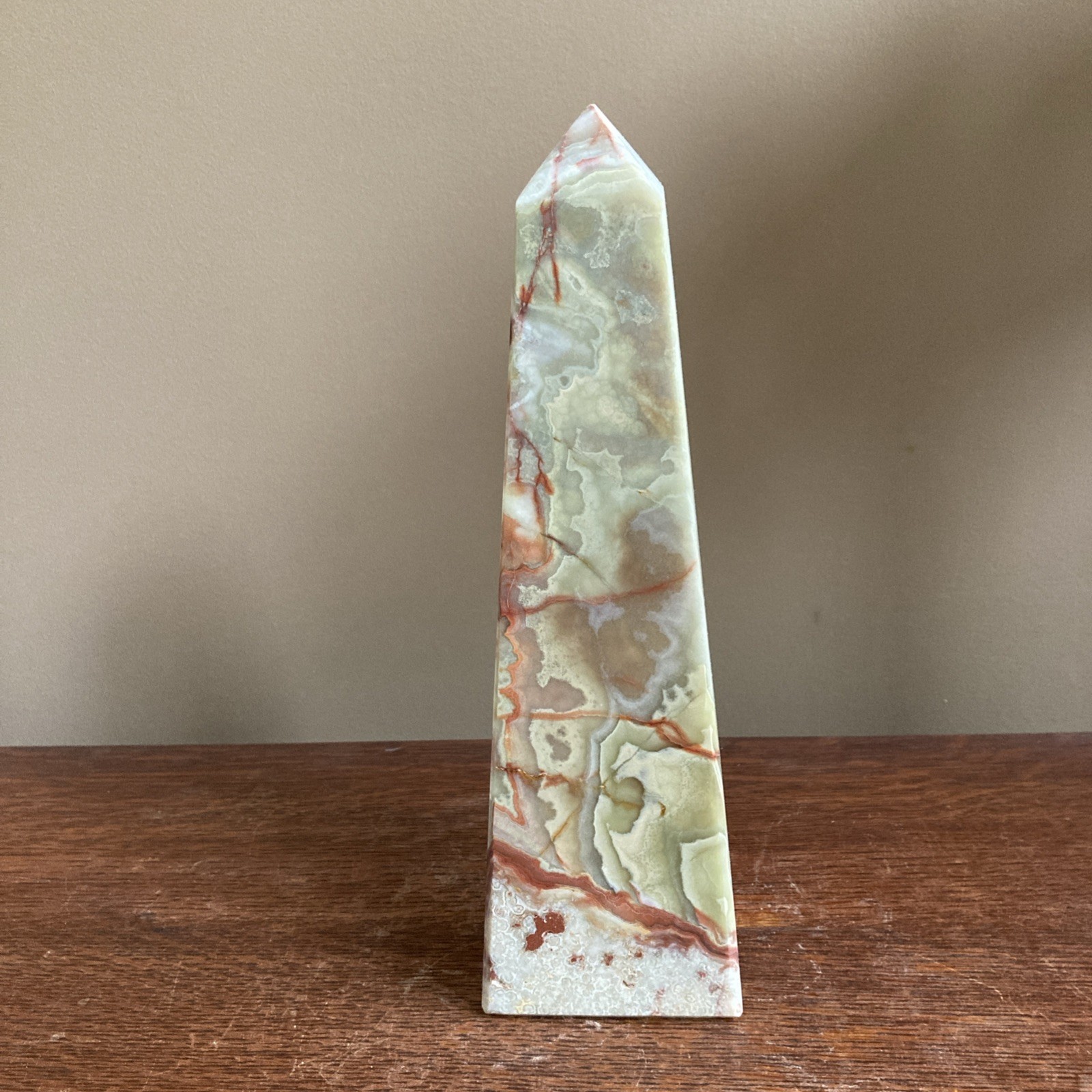 Large 10” Brown White & Green Obelisk 4-Sided Onyx Tower Polished Stone