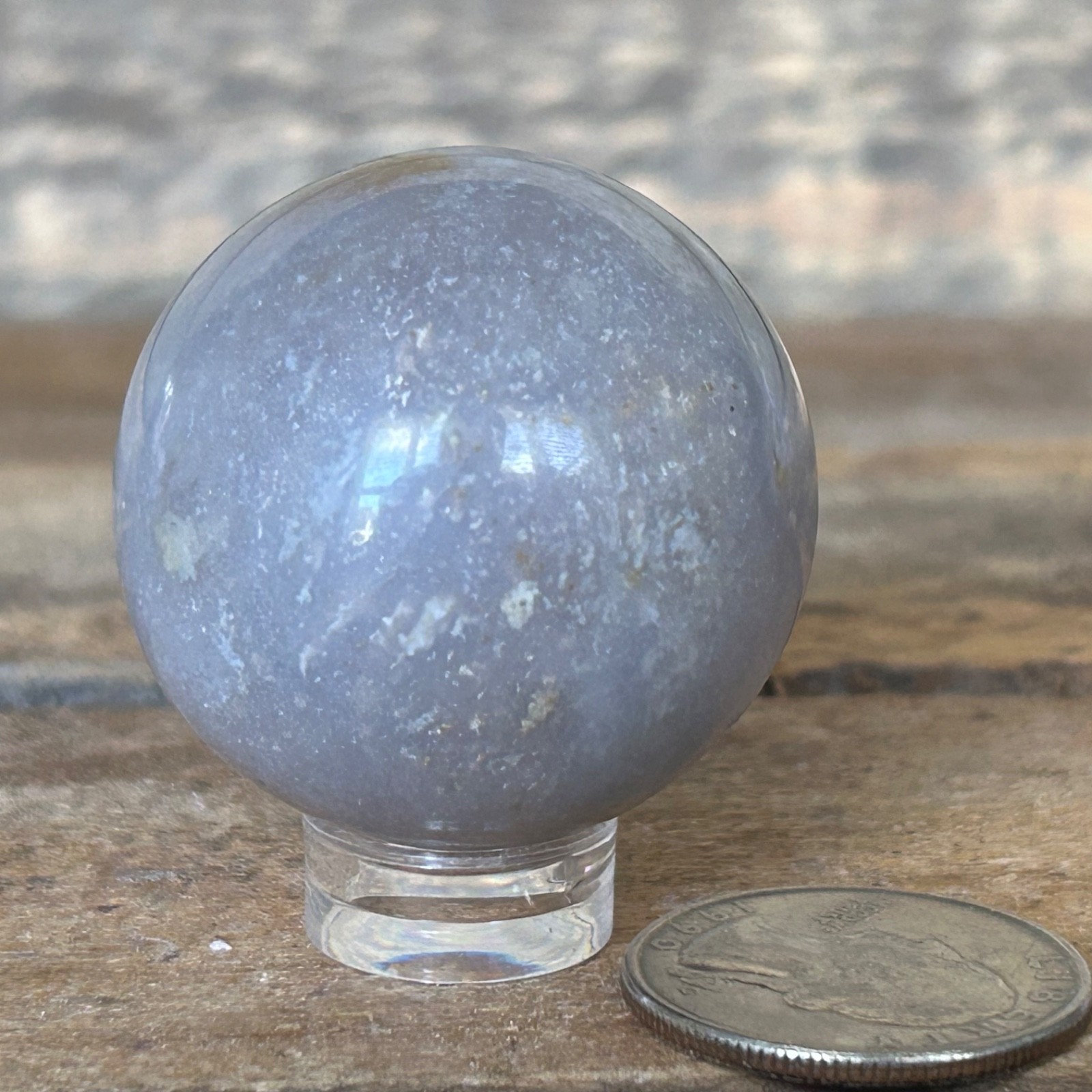 Gray Chalcedony Sphere 35mm – Soft Blue Gray Crystal Ball with Stand