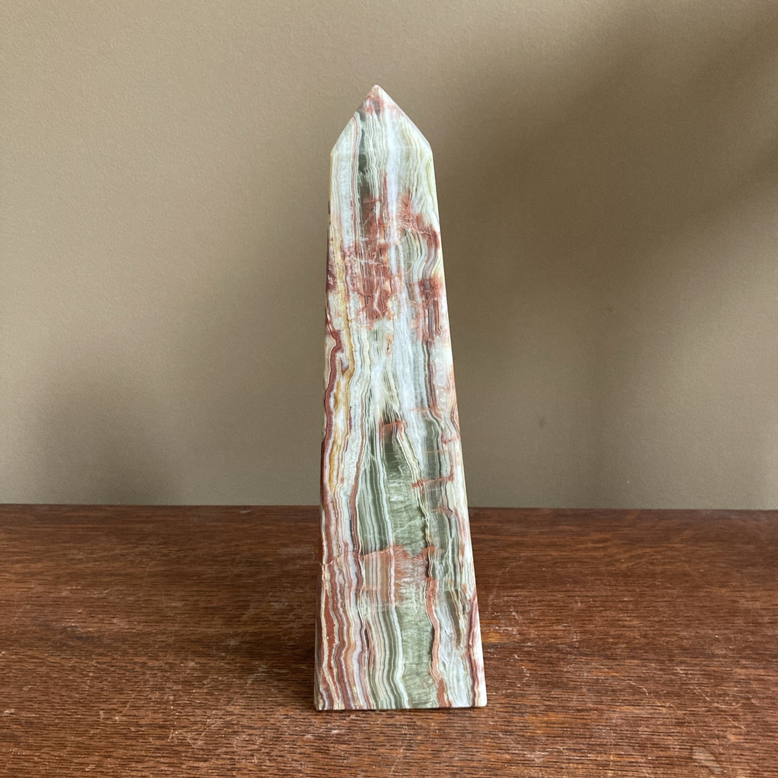 Large 10” Brown White & Green Obelisk 4-Sided Onyx Tower Polished Stone