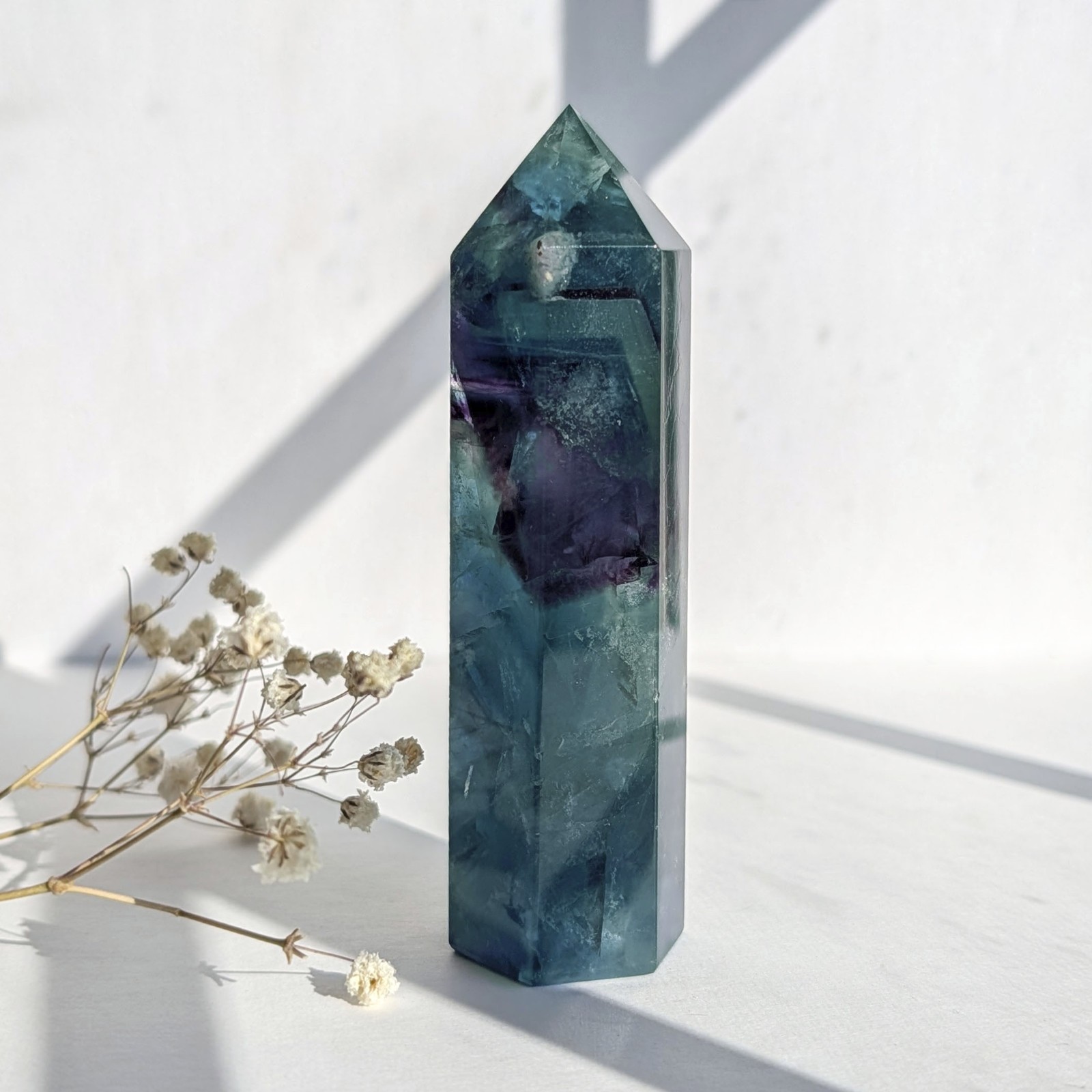 4″ rainbow fluorite tower, teal purple green blue fluorite crystal generator