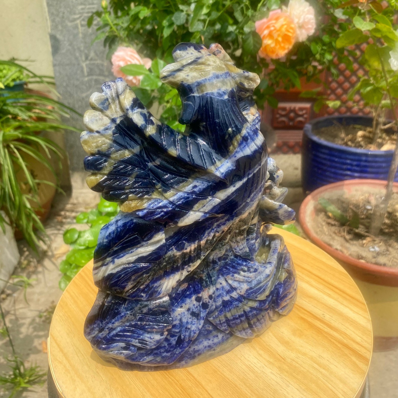 6.61LB Natural Blue Vein Stone Phoenix Carving, Home Decoration
