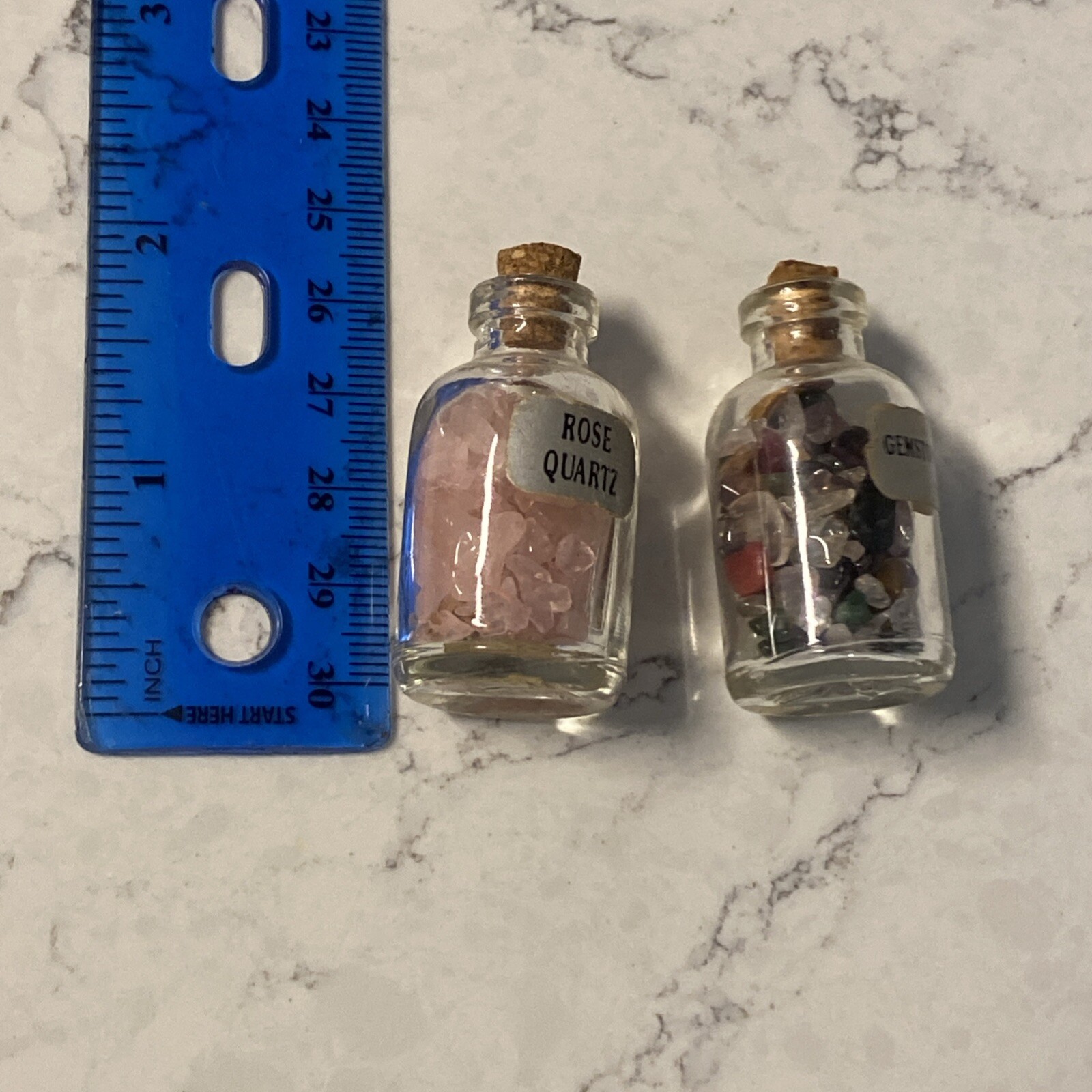 Miniature Glass Jars Cork Stopper Rose Quartz& Gemstones Stone Chip Pieces
