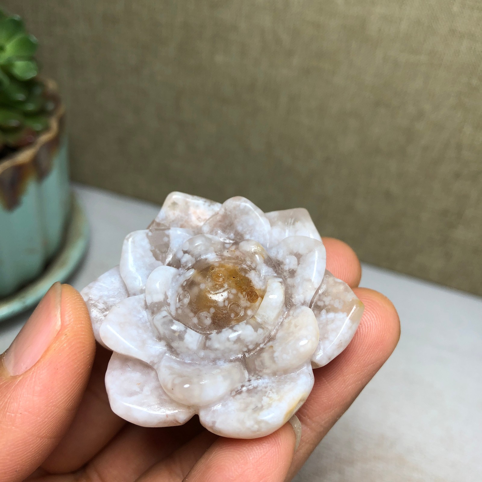 44mm Natural cherry blossom agate Hand carved flower Crystal specimens 38g A4456
