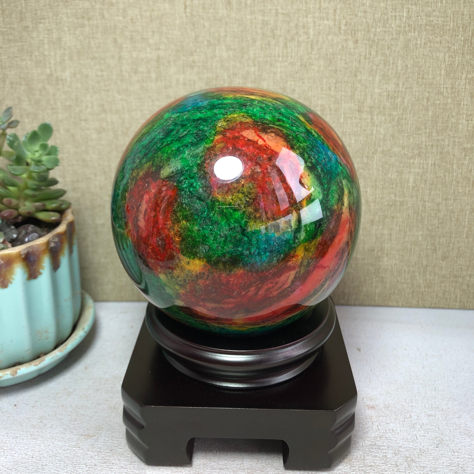 Natural “Seven Colors Jade” sphere flat bottom specimen Taiwan China 99mm A4579