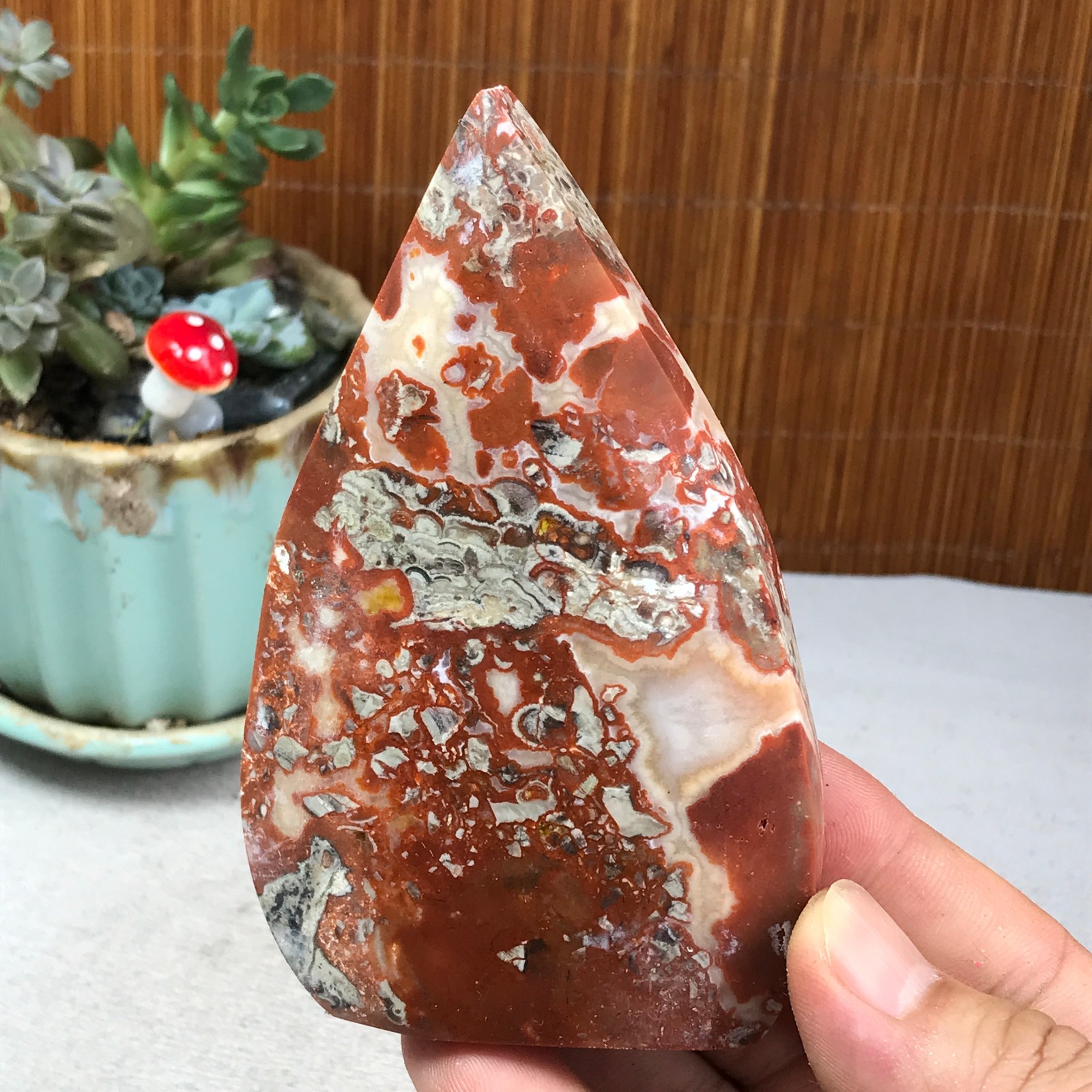 Natural money Mexico agate hand carve leaf Crystal Specimen free standing A6259