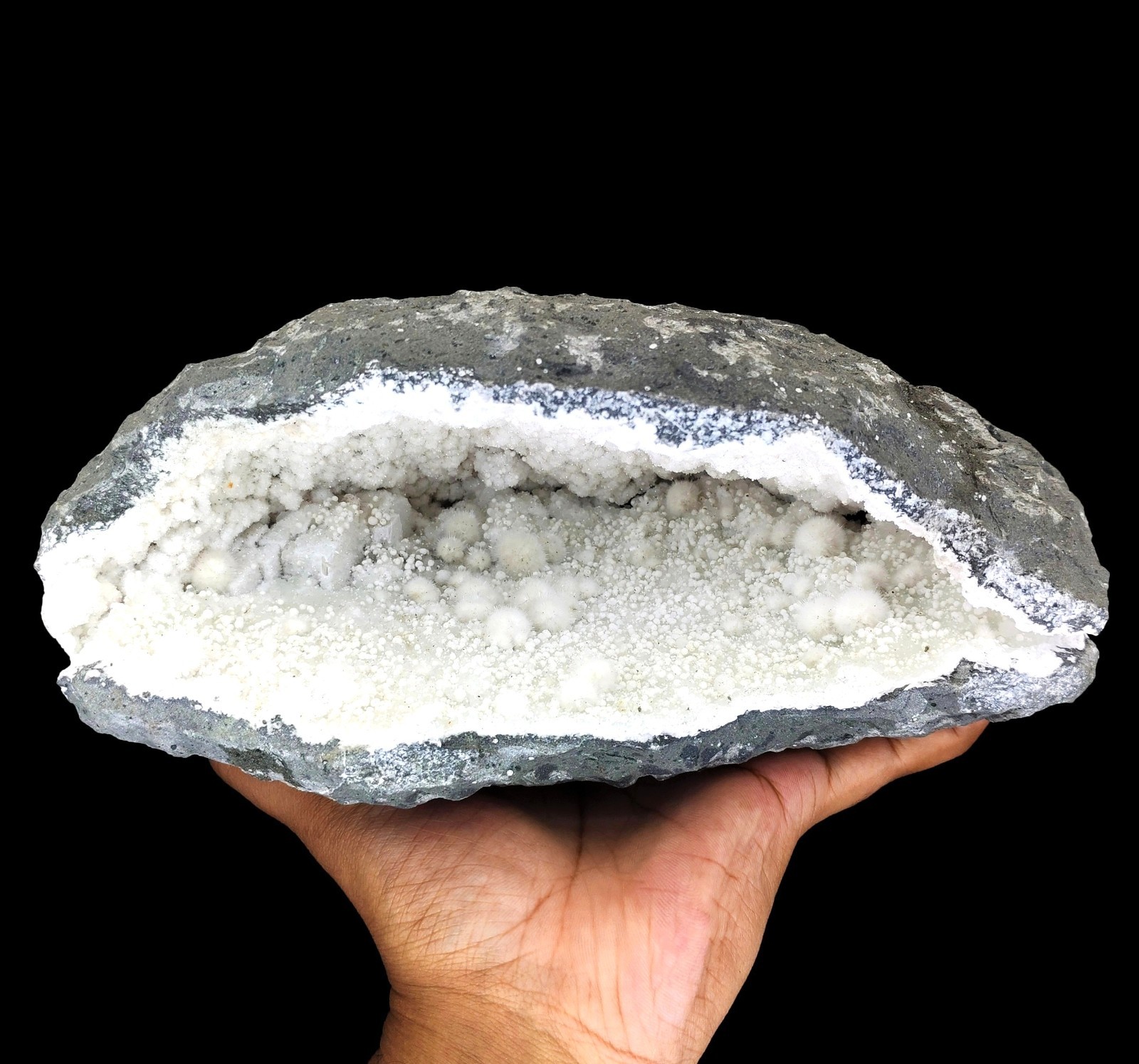 Big Natural Okenite Balls with Gyrolite on Prehnite Minerals in Geode #23