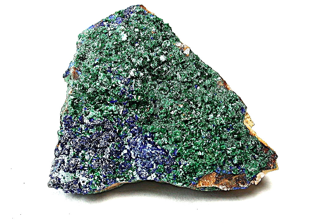 MINERALS : FIBROUS MALACHITE WITH BLUE AZURITE AND WHITE CERUSSITE XTLS, MOROCCO