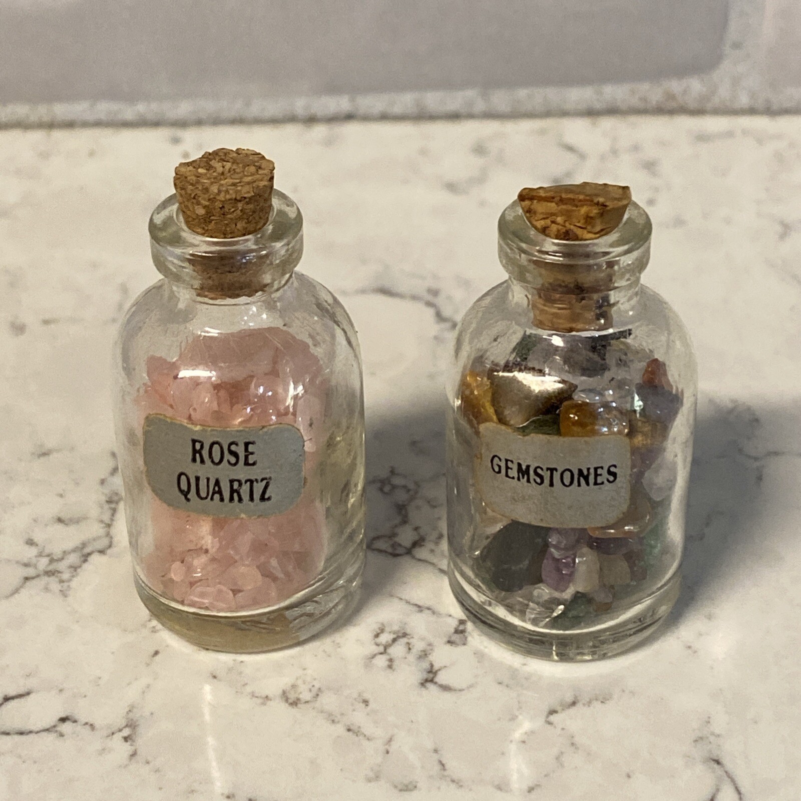 Miniature Glass Jars Cork Stopper Rose Quartz& Gemstones Stone Chip Pieces
