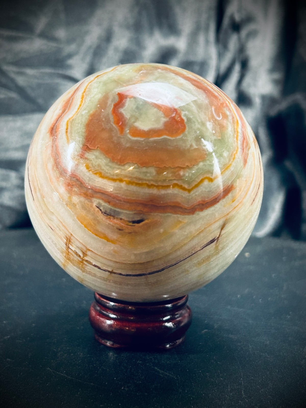 2.95″ Banded Calcite (Green Banded Onyx) Sphere with Wood Stand 1lb 5oz