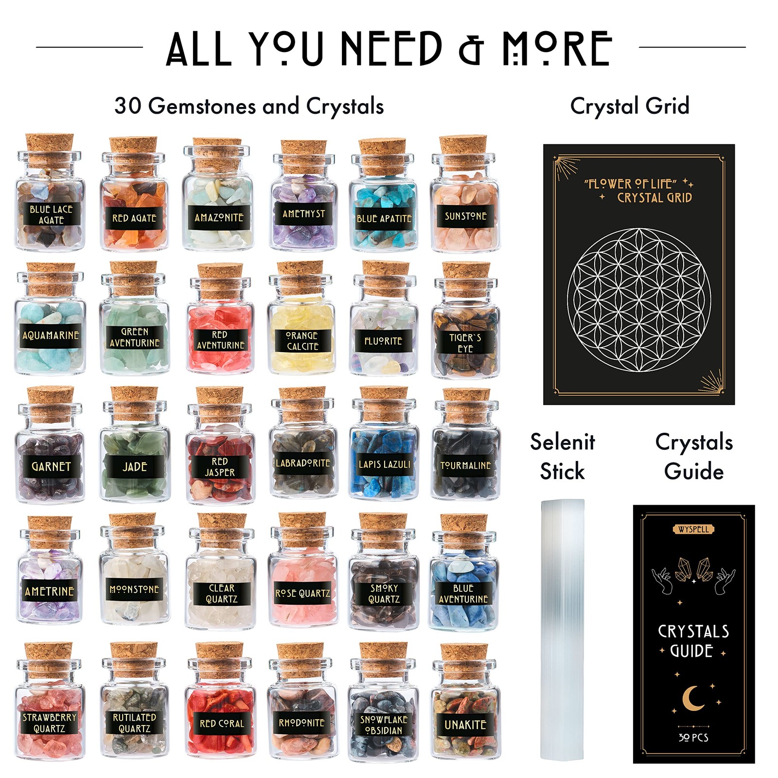 Witchcraft Crystals Set: 30 PCS Gemstones in Jars for Altar & Wiccan Supplies