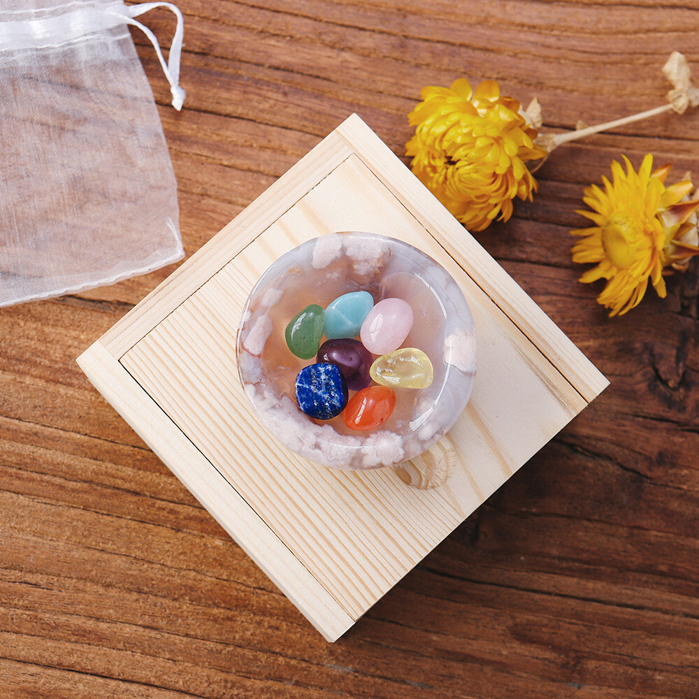 Mini Tumbled Chakra Stone Sakura Agate Bowl Cherry Blosson Stone With Wood Box