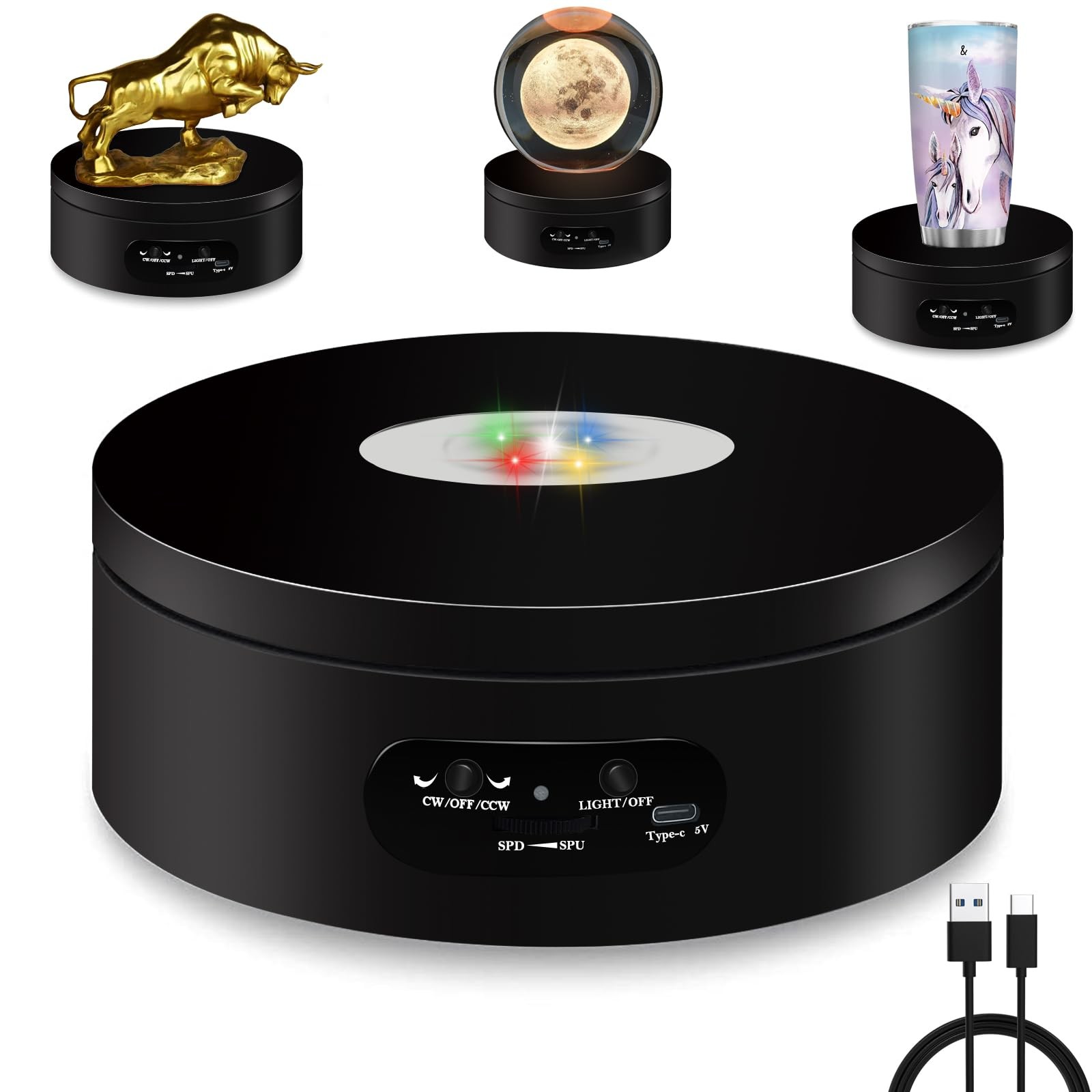 LED Rotating Display Stand 360° Lighted Base for Crystal Glass Art 4.72in