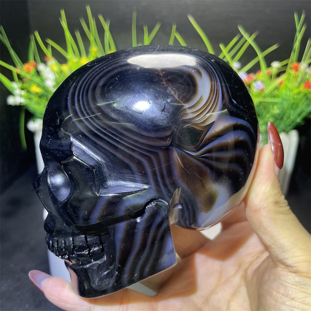 2.2LB 3.9″ Natural Black Sardonyx Agate Skull Carving Crystal Quartz Home Decor
