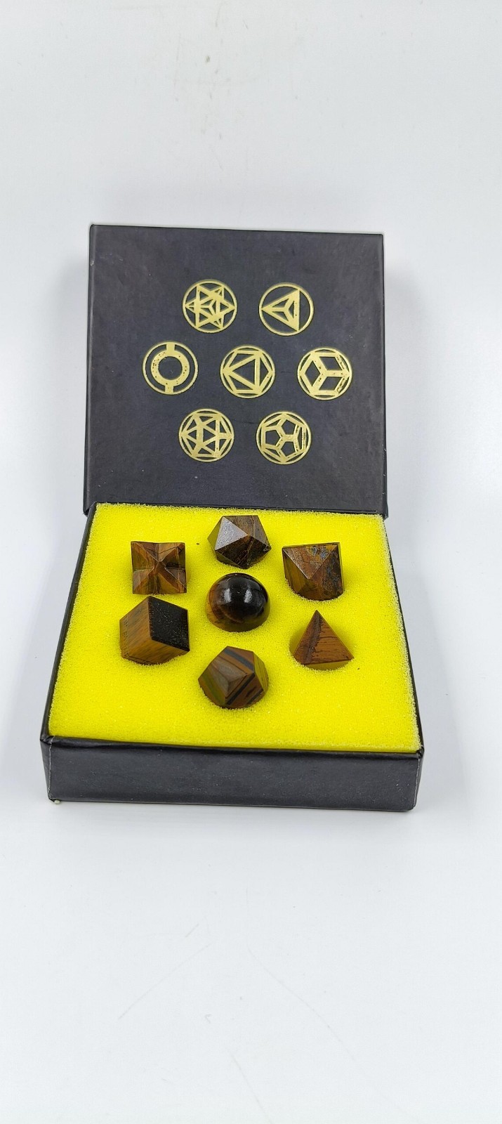 Tiger Eye Sacred Geometry Crystal Set 7 Piece Gemstone Kit with Gift Box